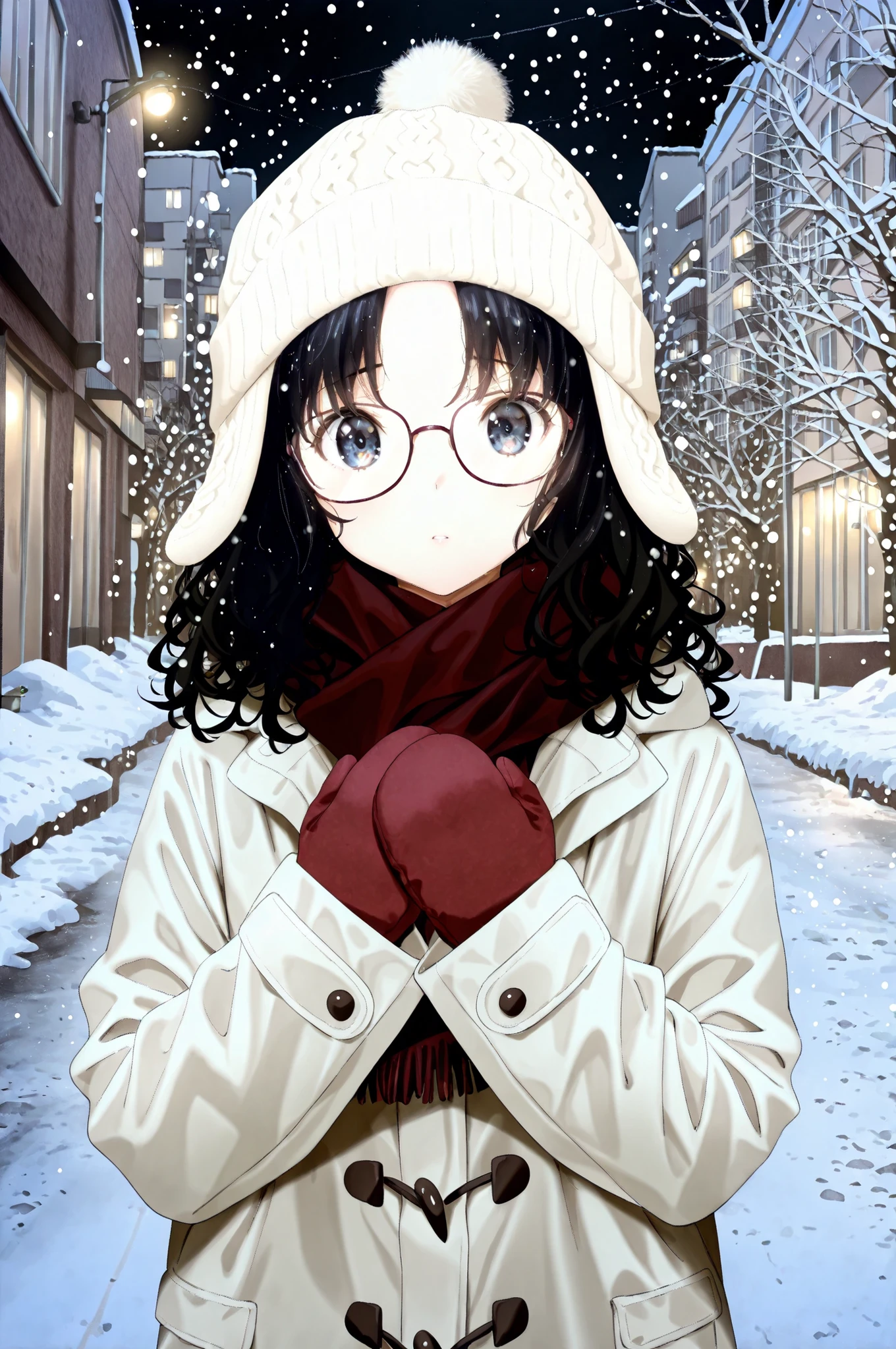 1girl, close-up, (snowfall), near viewer, portrait, calm, curious eyes, blue eyes, glasses, tortoiseshell glasses rim, square glasses, black hair, very curly hair, parted bangs, spiral hair, standing, 3/4 angle, looking at viewer, shy, grey coat, checkered coat, red scarf, buttoned, red mittens, hands on own chest, depressing atmosphere, white hat, knitted hat, covered ears, hat covers ears, snow in hair, winter, USSR Vibes, Russian Apartments at background, buildings, road, snow, melanchonic, SnowFall, outdoors, night, dark, black sky, street lights, Blizzard, best quality,