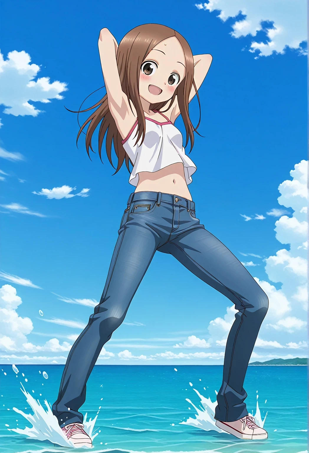 score_9, score_8_up, score_7_up, source_anime, highres, hi res, ((best quality, top quality, perfect quality, Highest Quality, amazing quality)), {{masterpiece}}, {{an extremely delicate and beautiful}}, 2d, intricate details, official style, anime, 8k, anime style, official_anime, official art, digital painting, cell shading, soft shading, high resolution, soothing tones, Subdued Color, Soft cinematic light, adobe lightroom, photolab, HDR, intricately and hyper-detailed, ((high quality animation)), 1 girl, Alone, solo, ((ocean)), tsunami, on the water, day, sunny, outdoors, sky, windy, takagi-san, brown hair, brown eyes, sidelocks, long hair, parted bangs, bangs, anime screencap, small breasts, white camisole top, crop top, white crop top, best quality, hyper-detailed jeans, ((blue jeans:1.9)), (dark blue jeans:0.6), full medium body, medium shot, Open mouth, smiling, happy face, blush, sweat, standing, ((arms behind head:6.0)), bowlegged, jumping pose, action, looking at viewer, spread legs, Bend knees slightly, straight-on front view