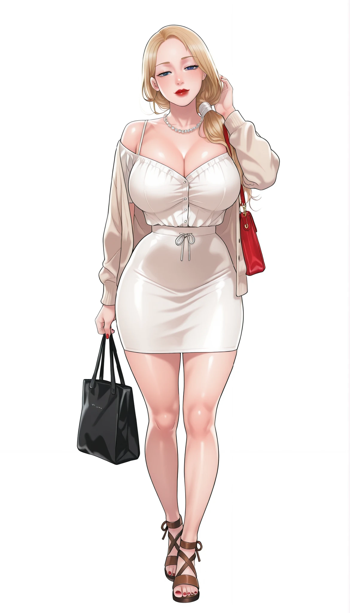 Yumi (New Town), a beautiful extremely sexy woman with long glowy sleek yellow-blonde hair, blue eyes, bimbo plump round red lips, bright red nails, extremely fair white glowy skin, a cinched small tight narrow waist, an hourglass figure, big breasts, a small tight cinched waist, and a sexy voluptuous-curvy body. She's wearing a revealing mini short tight white dress with spaghetti straps and a V-neckline, a separate front-open unbuttoned baggy beige cardigan worn in an off-shoulder style over the dress, one ribbon tied in her hair, a big white pearl necklace, full bare legs, and strappy ankle tall brown sandals. She's standing straight, keeping one hand on her little son's head, carrying one tote bag on one shoulder, narrowed eyes, soft smile, slight head tilt, and a plain white empty background. Show her full body head to sandals, proper middle-waist level view, and super creative hyper-detailed.