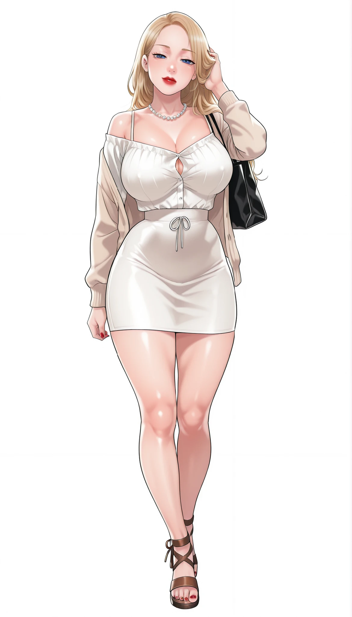 Yumi (New Town), a beautiful extremely sexy woman with long glowy sleek yellow-blonde hair, blue eyes, bimbo plump round red lips, bright red nails, extremely fair white glowy skin, a cinched small tight narrow waist, an hourglass figure, big breasts, a small tight cinched waist, and a sexy voluptuous-curvy body. She's wearing a revealing mini short tight white dress with spaghetti straps and a V-neckline, a separate front-open unbuttoned baggy beige cardigan worn in an off-shoulder style over the dress, one ribbon tied in her hair, a big white pearl necklace, full bare legs, and strappy ankle tall brown sandals. She's standing straight, keeping one hand on her little son's head, carrying one tote bag on one shoulder, narrowed eyes, soft smile, slight head tilt, and a plain white empty background. Show her full body head to sandals, proper middle-waist level view, and super creative hyper-detailed.
