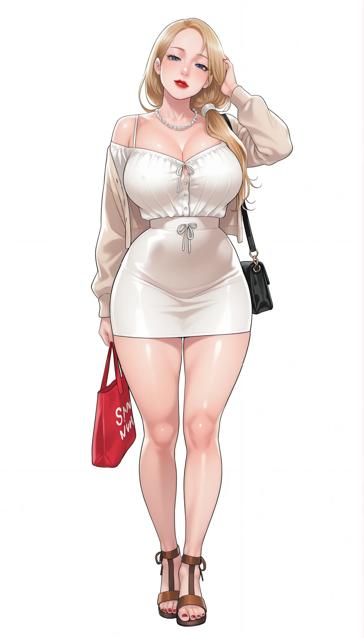 Yumi (New Town), a beautiful extremely sexy woman with long glowy sleek yellow-blonde hair, blue eyes, bimbo plump round red lips, bright red nails, extremely fair white glowy skin, a cinched small tight narrow waist, an hourglass figure, big breasts, a small tight cinched waist, and a sexy voluptuous-curvy body. She's wearing a revealing mini short tight white dress with spaghetti straps and a V-neckline, a separate front-open unbuttoned baggy beige cardigan worn in an off-shoulder style over the dress, one ribbon tied in her hair, a big white pearl necklace, full bare legs, and strappy ankle tall brown sandals. She's standing straight, keeping one hand on her little son's head, carrying one tote bag on one shoulder, narrowed eyes, soft smile, slight head tilt, and a plain white empty background. Show her full body head to sandals, proper middle-waist level view, and super creative hyper-detailed.