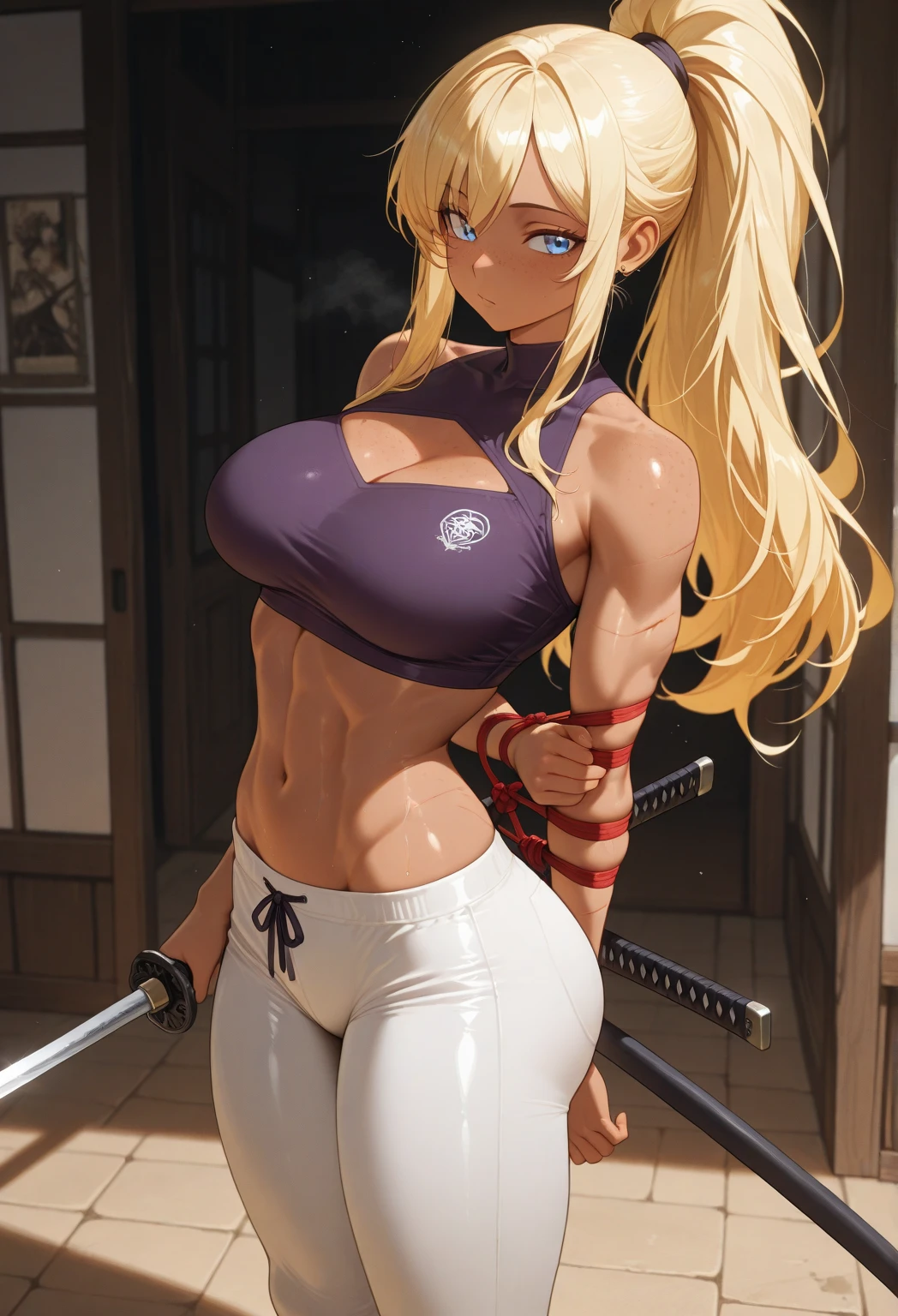 Muscular busty teen young Jenna Ortega smiling, school girl, huge strong biceps, tonned strong abs, huge round ?????, enormous firm ????, hyper muscular, bodybuilder muscles, bursting in strength, large ????, japanese tie uniform clothes, black uniform, wednesday adams, blonde braids, blue eyes blonde