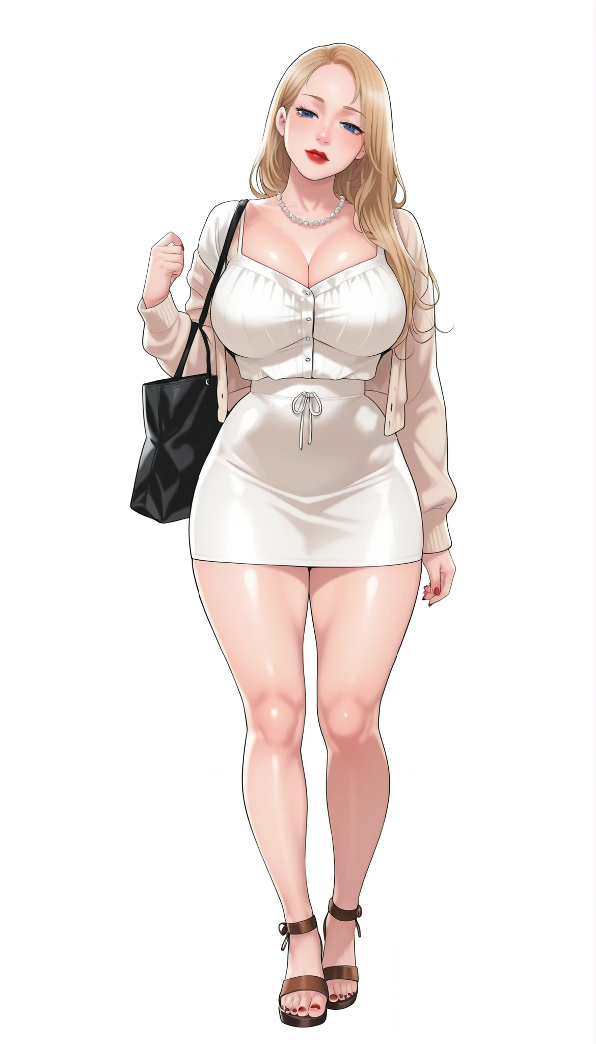 Yumi (New Town), a beautiful extremely sexy woman with long glowy sleek yellow-blonde hair, blue eyes, bimbo plump round red lips, bright red nails, extremely fair white glowy skin, a cinched small tight narrow waist, an hourglass figure, big breasts, a small tight cinched waist, and a sexy voluptuous-curvy body. She's wearing a revealing mini short tight white dress with spaghetti straps and a V-neckline, a separate front-open unbuttoned baggy beige cardigan worn in an off-shoulder style over the dress, one ribbon tied in her hair, a big white pearl necklace, full bare legs, and strappy ankle tall brown sandals. She's standing straight, keeping one hand on her little son's head, carrying one tote bag on one shoulder, narrowed eyes, soft smile, slight head tilt, and a plain white empty background. Show her full body head to sandals, proper middle-waist level view, and super creative hyper-detailed.