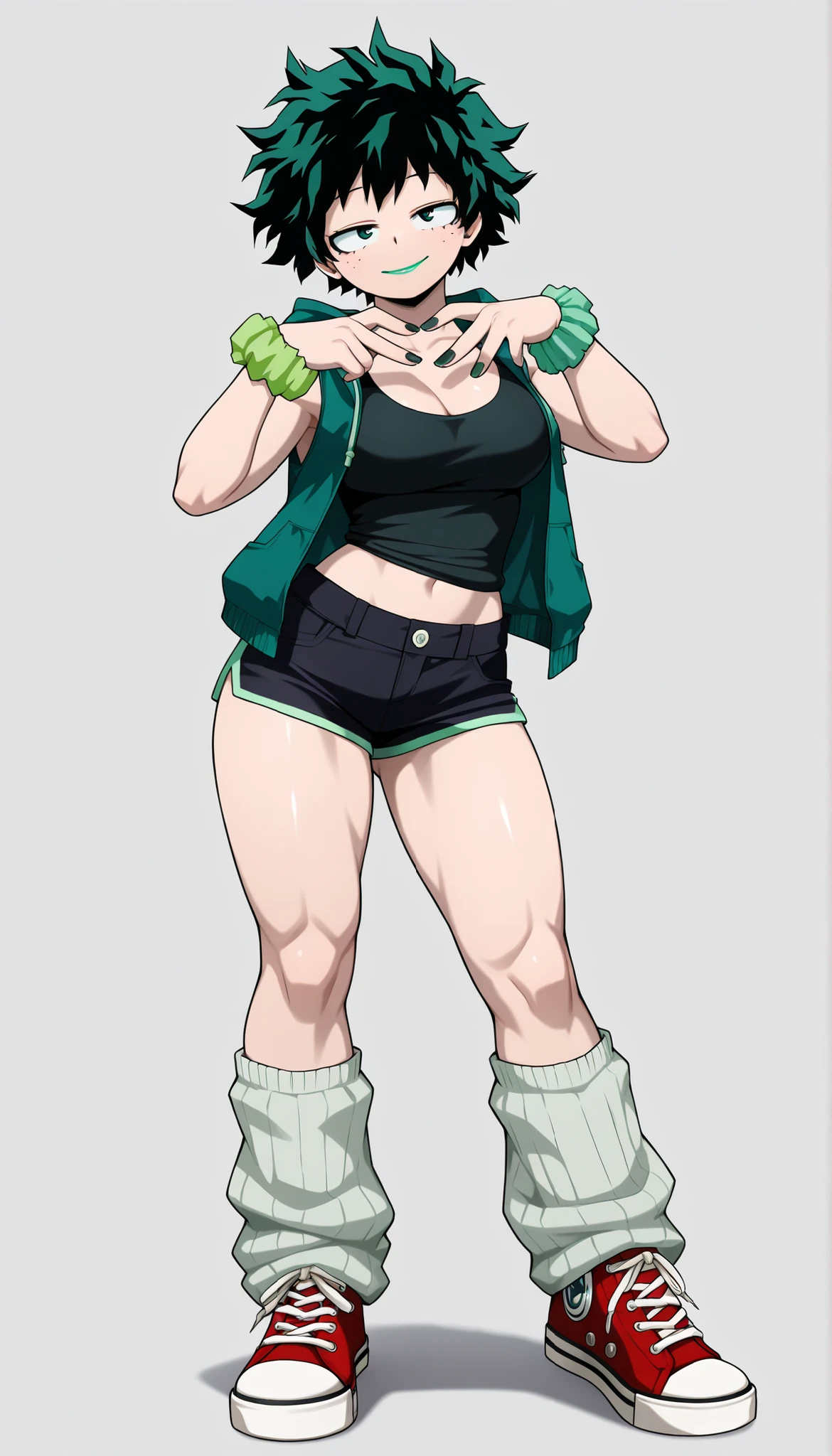 ((Highest Quality)), ((simple light grey  background)), (My Hero Academia Style), (by day), 1female, female, medium Breast, thighs, hips, thick shins, solo, Athletic body, tall, standing, (Full Body), Midoriya Izuku, gender bender, half-closed eyes, green eyes, very short hair, pale skin, dark green nail polish, Gyaru, pale green loose leg warmers, Red Converse, Converse, neon green lipstick, neon green hair, green scrunchie wrist, cleavage, black short shorts, sleeveless green tank top, midriff, green half putting open hoodie jacket, neon green eyeshadow, seductive smile, mischievous look, sexy pose, sexy Gyaru, ((droopy eyes)), 