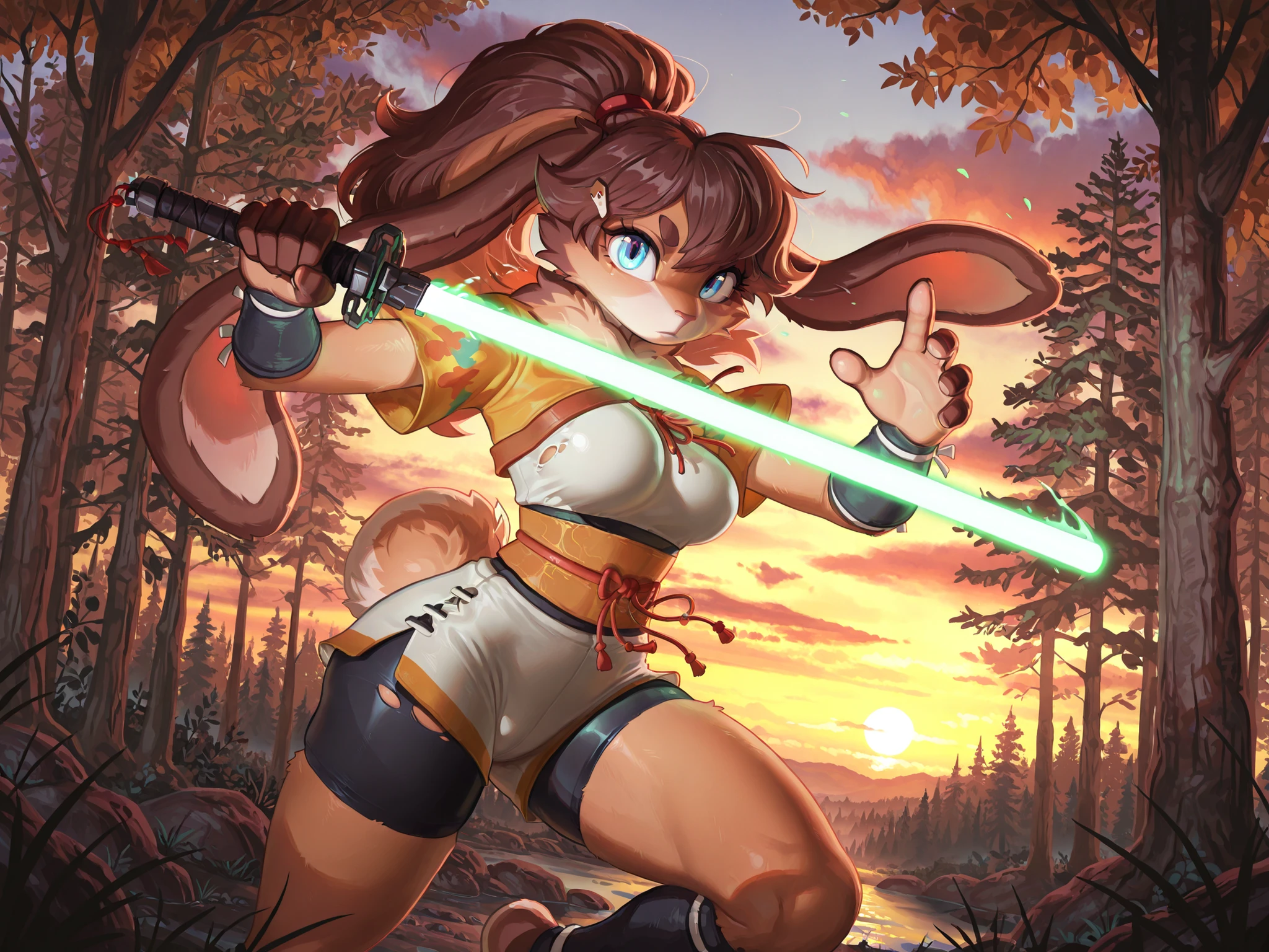 masterpiece, best quality, amazing quality, very aesthetic, high resolution, ultra-detailed, absurdres, newest, scenery, 1girl, rabbit, furry female, blue eyes, looking at the viewer, tail, , thighs, , female focus, contrast lighting, side lighting, masterpiece, best quality, newest, absurdres, highres, amazing quality, very aesthetic, forest setting, cute eyes, no lineart, cinematic, dynamic angle, solo, sunset, ambient lighting, long hair, brown hair, ponytail, svlop, hair ornaments, body fur, obi, shorts, bike shorts under shorts, solo, holding a green lightsaber, dynamic pose, sword fighting, torn clothes