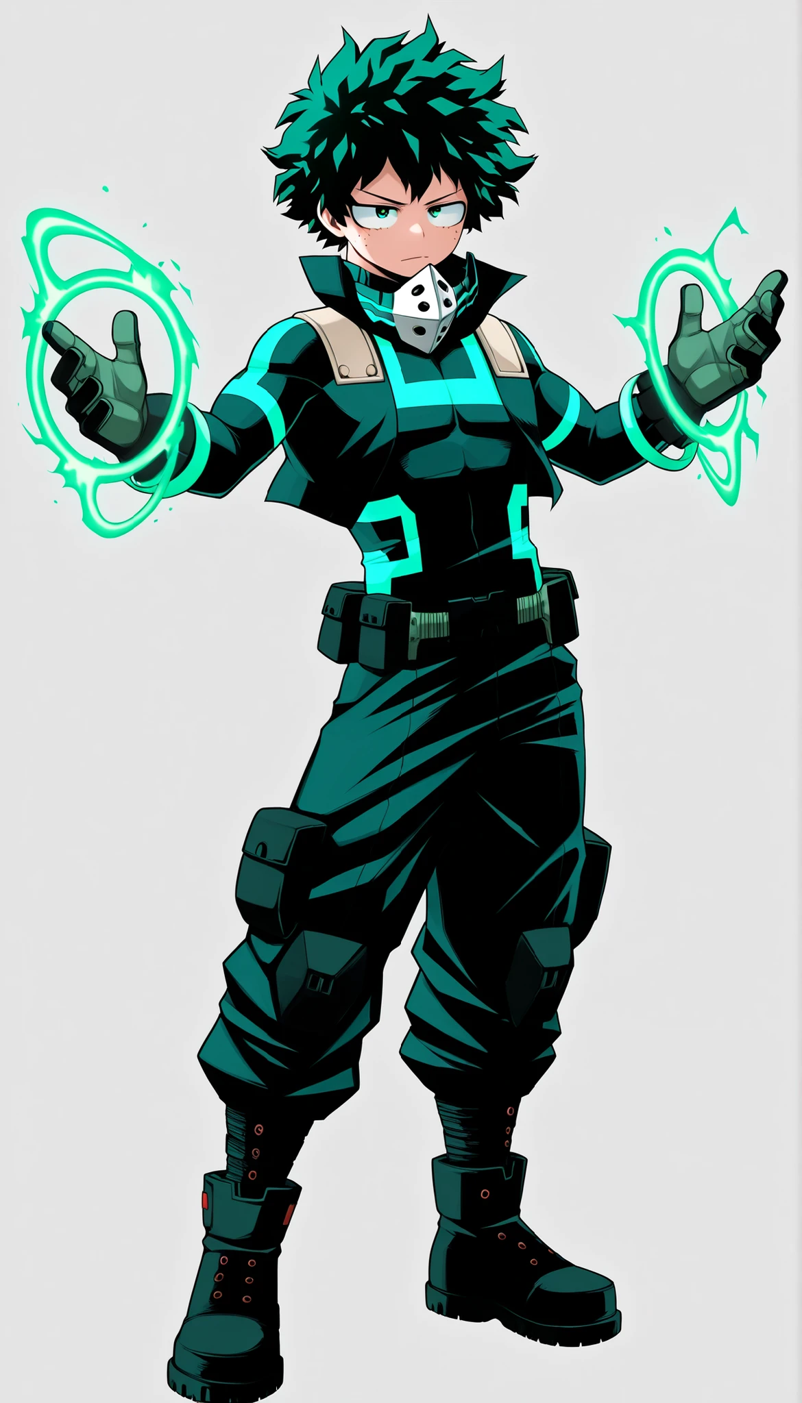 ((Highest Quality)), ((Simple Light Grey Background)), (My Hero Academia Style), standing, (1male), (Male), solo, slender body, athletic body, slim body, standing, Full Body, Super villain, super villain character, Izuku Midoriya, two-tone bodysuit, dark green and black bodysuit, dark green bodysuit with Black details, black ankle combat boots, black combat gloves, black cropped Open Jacket, loose black cargo pants tucked in boots, (small energy round flying Rings), (Neon Green small energy round flying Rings), green eyes, half-closed eyes, Evil look, (small energy round flying Rings around), combat pose, heroic pose, ring energy effect, green ring energy effect, ring energy power effect, energy ring effect, multiple energy rings effect around, multiple energy Rings around, multiple energy rings, half-closed eyes, evil look, (serious expression), 