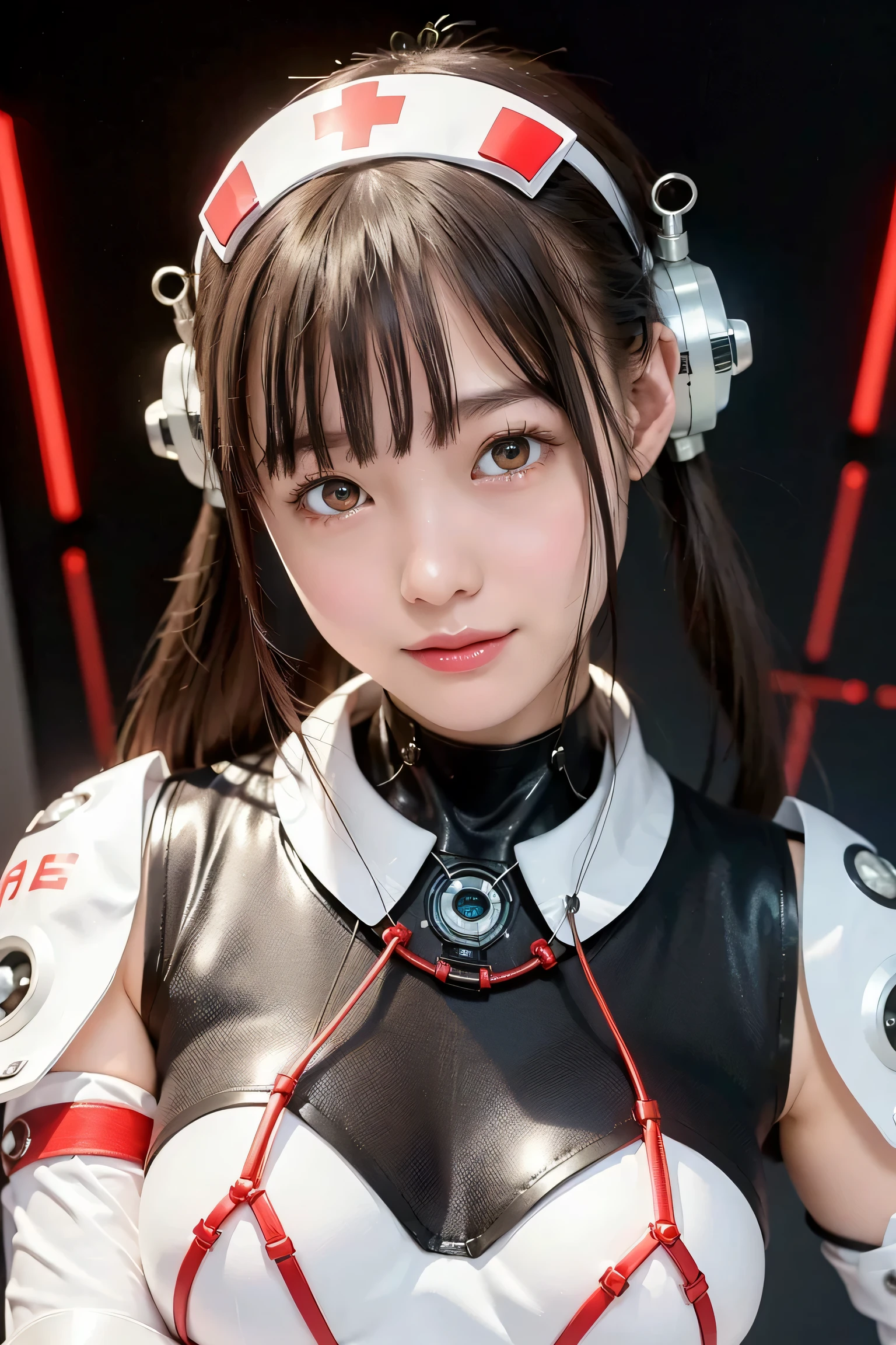 (face close-up)、(Draw only the face)、close up with a gentle expression、(Portrait of a Smiling Face)、(Highest Quality, And high-precision, masterpiece:1.2), (Robot in nurse costume)、(wearing metallic nurse uniform)、computer operating machine in lab、detail, realistic:1.37,( Perfect Anatomy)、(skinny body)、(small breasts)、cyber robot remake nurse costume, idol robot in metallic nurse costume、nurse style robot , Polymer nurse clothes、黒い髪, Metal Necklace ,metal hair accessory, nurse cyber costume 、 ( futuristic red and white 、cyborg suit like red nurse uniform .:1.3),( Precise electronic circuit inside the main body :1.43),beautiful idol woman 、stare at viewers getting their Slingshot Bikinis wet、(fusion of nurse uniform and cyber suit:1.1),Lots of tubes,(sexy idol robot :1.1),big eyes,(glowing eyes:1.3),beautiful skin,Smile Yang、 short hair 、Beautiful Lips、Metal accessories, big eyes,black short hair、(the background is cyberlab:1.2)、room with computers lined up、Precision machinery lined up、