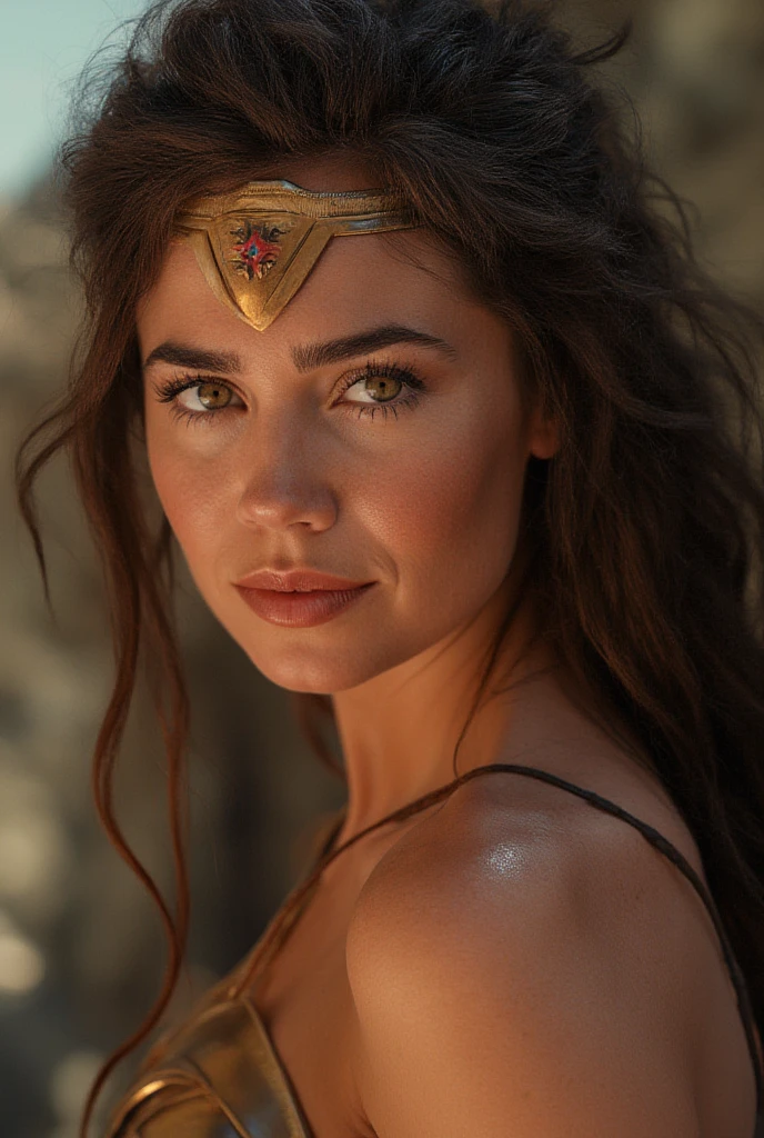(((Extreme close-up Madison Beer under the mantle of the Amazon warrior Wonder Woman dreadlocks surreal and cinematic images color Splash))),(((Front Images)))