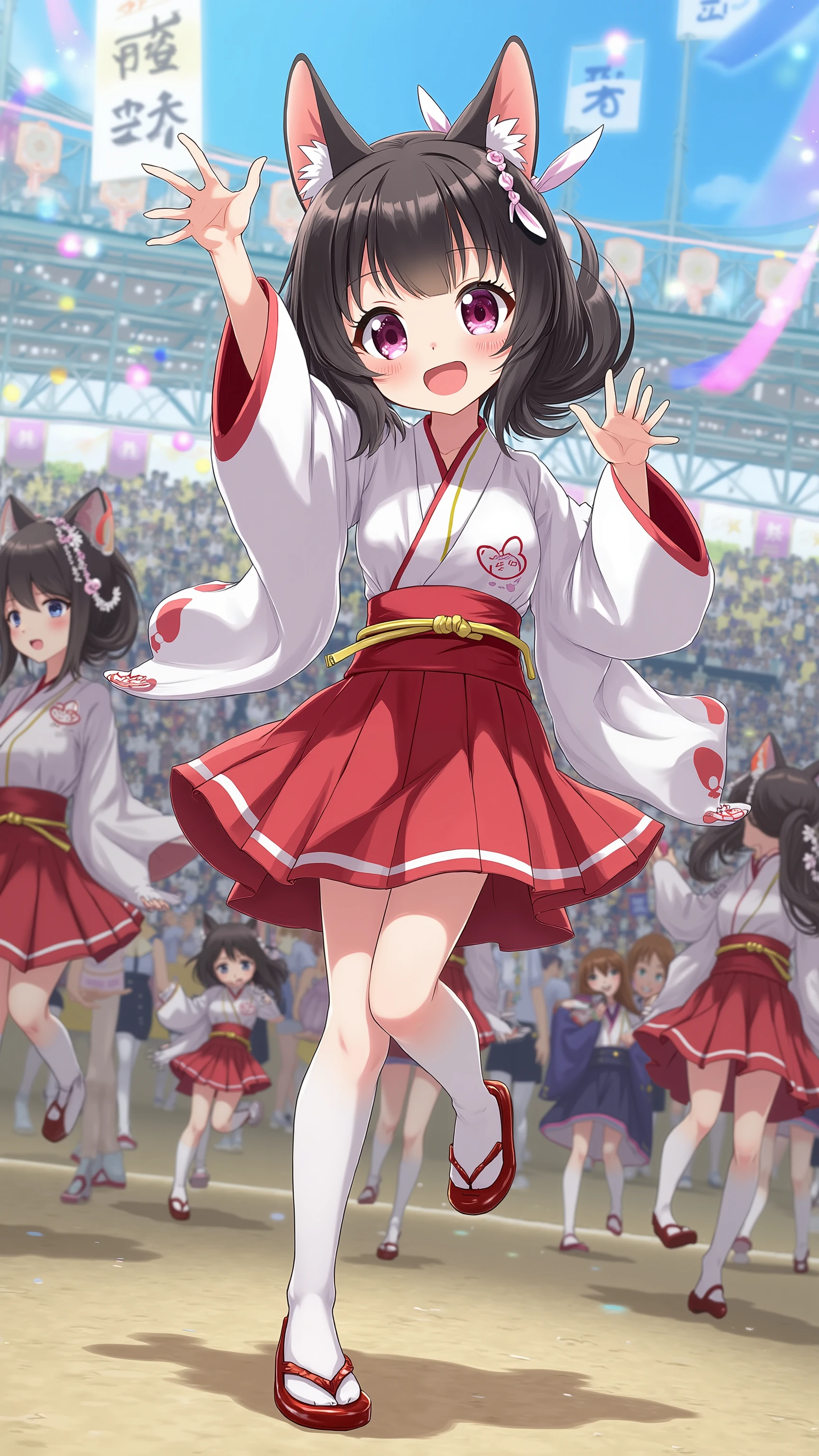 high-definition images、Neko Musume is the leader of the cheering team at the Honor Student Yankee、Academy Festival and swings around with a haori hakama。