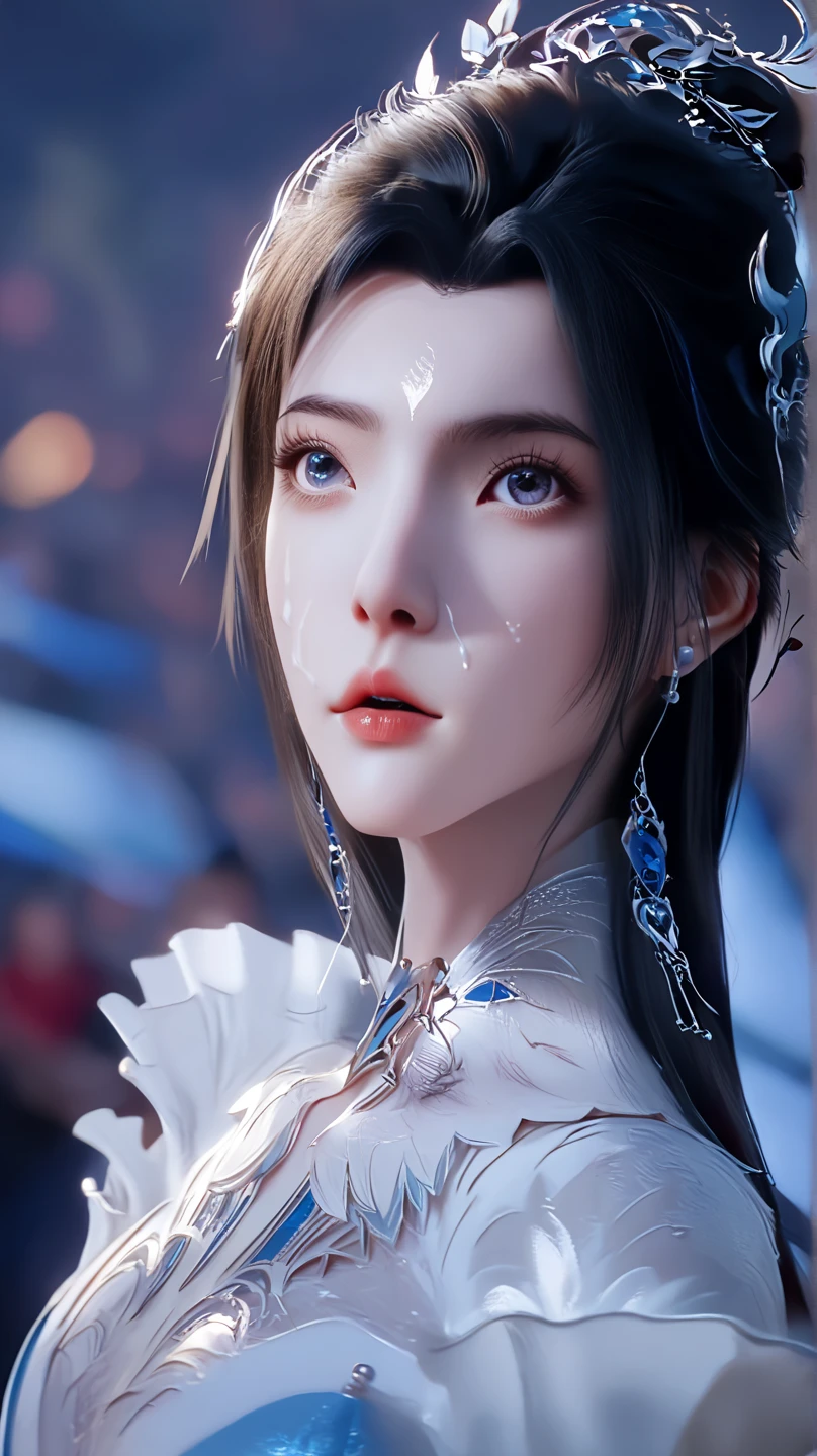 A princess 10 years old cute Hanfu Dynasty open V  dress royal, Wet body of thin silk fabric, Thin silk lace dress, (，cleveage),, White pink, blue ，Best quality，masterpiece，Ultra-high resolution，（Reality：1.4），RAW photos，（Real skin texture：1.3），（Film Grain：1.3），（Selfie Angle），1 girl，Beautiful eyes and face details，masterpiece，Best quality，Expose thighs and ，The  is more ， Detailed hair，Looking down from above, facing the camera,The eyes of the short skirt princess,Super big eyes,Delicate face,Shining pupils,  (A garden,Moon Palace,)