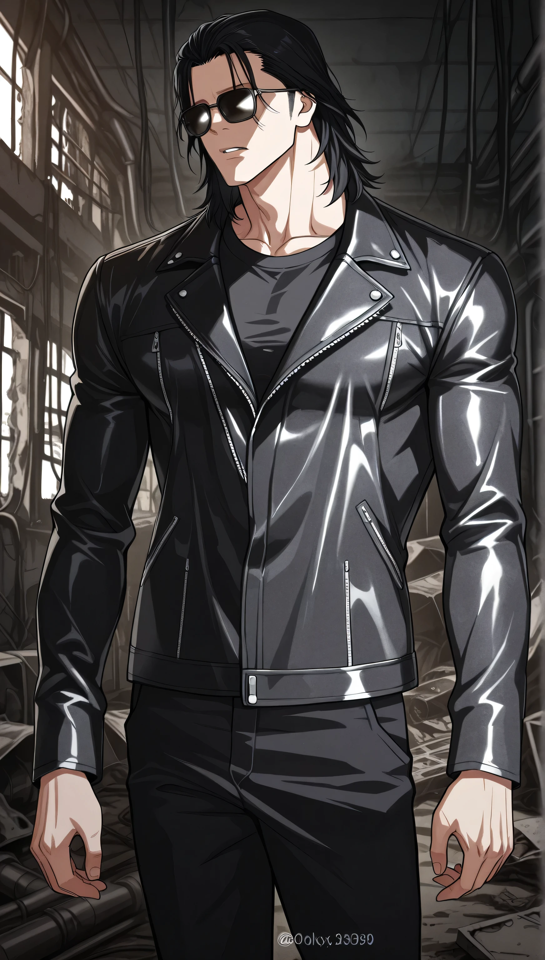 1male, solo, black hair, medium hair, not eyes, sun glasses, grim, leather jacket, black t-shirts, black pants, big muscle, Abandoned factory, male focus, Lookism