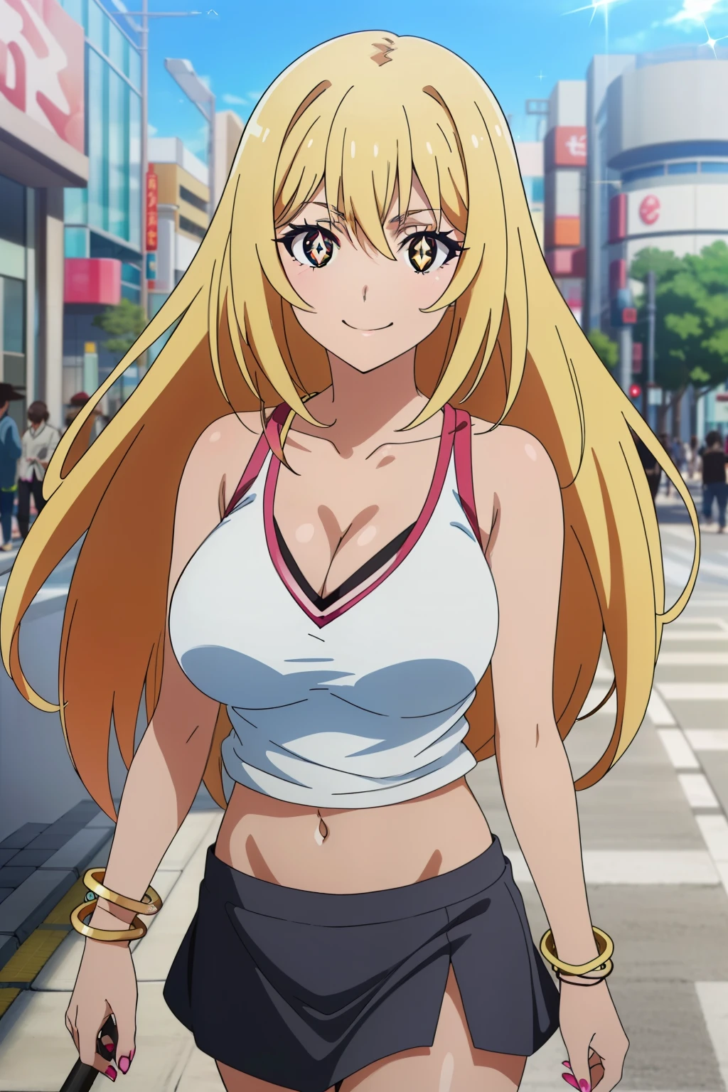 (highest quality, High resolution, 8k, masterpiece: 1.2), Very detailed, (Anime coloring:1.2), Misaki Shokuhou, orange eyes, (pupils sparkling:1.2), Beautiful character design, Perfect eyes, Perfect face, Expressive eyes, Perfect balance, smile, blonde, Long Hair, large breast, (tanned skin:1.1), (gal makeup, pink gradient eyeshadow), (fingernails, nail polish), (collarbone, tank top, cleavage, navel, micro mini skirt, bracelet, jewelry, gal fashion), ((walking:1.2), japanese city, shibuya city, day, blue sky), smile, looking at the camera,(cowboy shot), The gaze camera focuses on the center of the image,