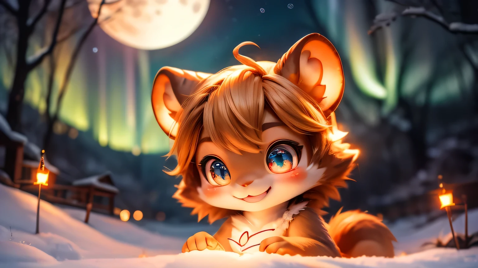 brown squirrel、Heart Shape、moon、star、Sparkling eyes、auroras