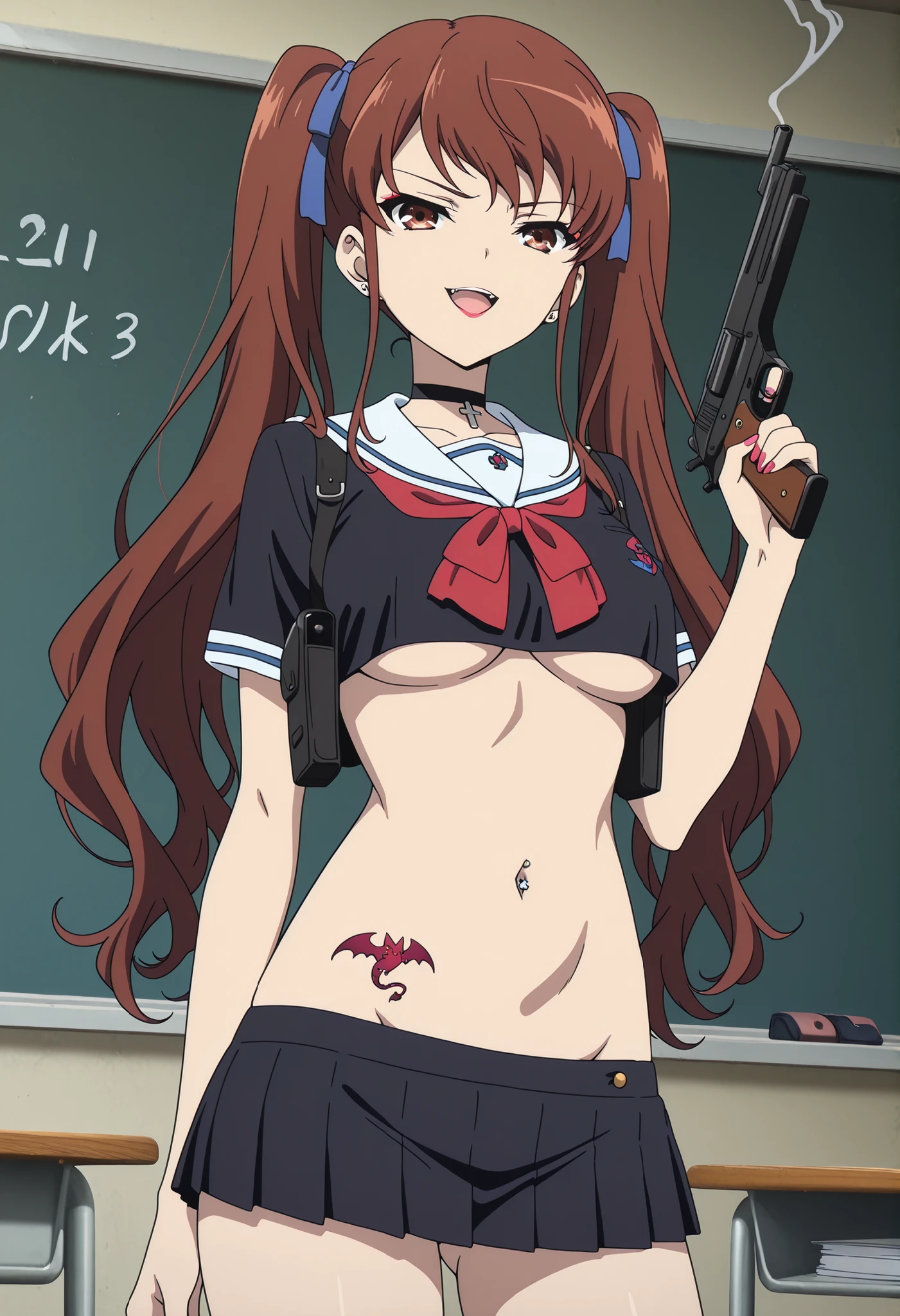akazawa izumi, brown hair, long hair, twintails, blue hair ribbon, brown eyes, nail polish, ,makeup , ear piercing, long hair, lipstick,Hot girl, baddie, smoking, sensual, attractive , choker, ,cross necklace, score_9, score_8_up, score_7_up, score_6_up, score_5_up, source_anime, rating_safe,oguraschoolsummer, cross necklace, masterpiece, best quality, highly detailed, a girls in sailor uniforms with a gun posing for a picture, evil smile, smile, open mouth,black_serafuku, () , style, high school girls, holding a gun, hold a gun, micro skirt, exposed belly, exposed navel, exposed midriff, holding pistol,underboob, exposed lower belly,school, classroom, navel piercing , shoulder holster,,medium ,looking at viewer , dragon tattoo on waist, narrowed eyes, tattoo on waist, anipai_style , anime screencap , anime coloring, v-shape eyebrows,