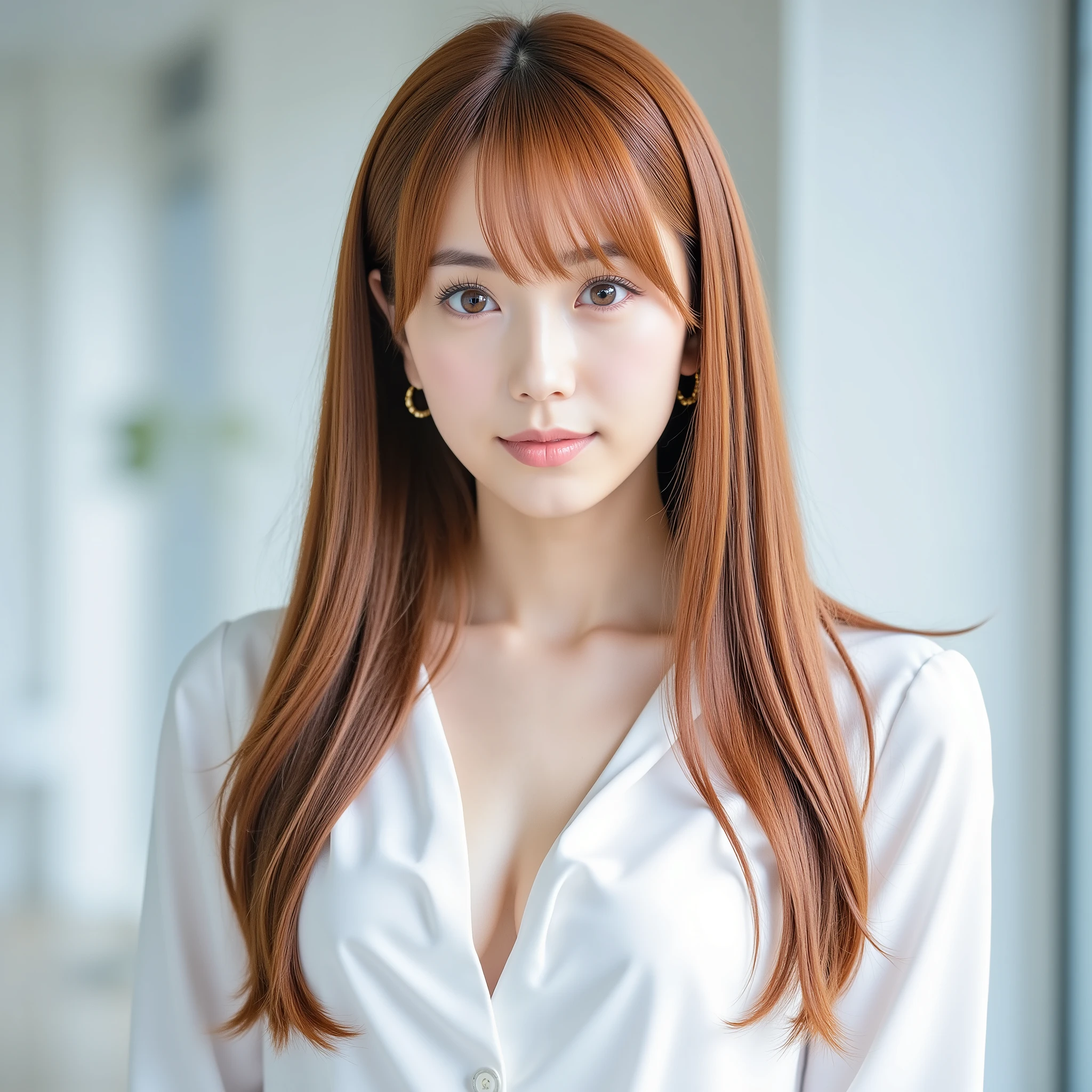 A realistic photo, greatest masterpiece,Highest Quality,very detailed,(Photo realistic:1.7, Ultra Clear Focus), Japanese women in technical writing、1 person、full body view, tall and slender beautiful young woman, cyb-kitagawamarin cosplay costume, She has long orange straight hair, (elegant fall clothes), (Blurred Background), It's not underwear, BREAK, Human Body Anatomically Accurate Limbs and Fingertips,Young and Beautiful Japanese Woman, (Slim Slender Body:1.4), f-cup chest, BREAK, ((Full body view from head to toe:1.5)), (Well-balanced Model Body :1.3),