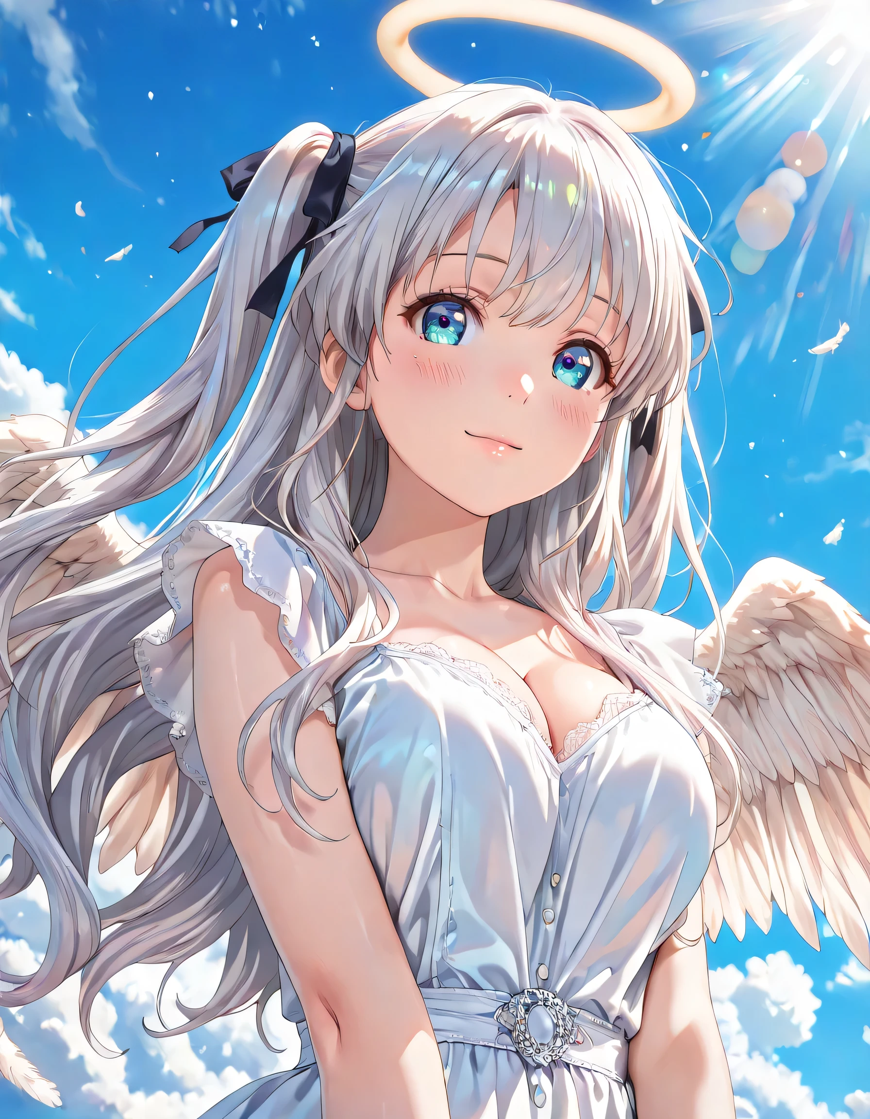 ((ultra-detailed)), (highly detailed CG illustration), (best quality:1.3), ultra-highly detailed, colorful composition, artistic photoshoot, 1girl, solo, moe anime character, Anime-style, harmonious color palette, ethereal ambiance, dainty facial structure, round face, rounded chin:1.2, short stature, blue eyes:1.3, sagging eyes:1.3, silver hair:1.4, long hair, two side up hairstyle, delicate curls, soft shading, hair ribbon with black, ample , white semi formal dress, angel wings, halo, gentle smile:1.3, blush:1.2, flowing hair in the wind, from front, dramatic angle, from below, looking at viewer, upper body, heavenly clouds, divine rays, celestial background, blue sky background, blurred lower body blending into sky, daytime, backlight, glowing halo, radiant ambiance, heavenly glow, sunlight scattering, depth of field, masterpiece, cinematic lighting, 8K resolution, portrait, caustics, ray tracing, perfect face, lustrous skin, highly detailed face, highly detailed eyes, perfect nose, perfect hair, beautiful hair, beautiful small face, extremely detailed face, beautiful detailed eyes, beautiful clavicle, beautiful ample , cleavage, squeezed together, lovely, (very detailed background:1.0), (highly detailed background:1.0), pastel colors palette, kawaii aesthetic, intricate details, girly atmosphere, chromatic aberration