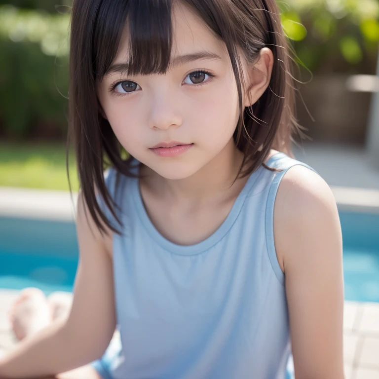 table top, highest quality, 8K, I'm 10 years old, teen, Raw photo, absurd, award winning portrait, smile, smile, alone, idol face, viola lace, gardenia,A tank top with a large opening at the , 、delicate girl, Upper body,full body shot, Digital single-lens reflex camera, looking at the viewer, Frank, Sophisticated, Zola々right, thin arms,small mouth,cute face, professional lighting, film grain, chromatic aberration, (Eye and face details:1.0), (Bokeh:1.1), 、primary school student、、hot spring、open-air bath