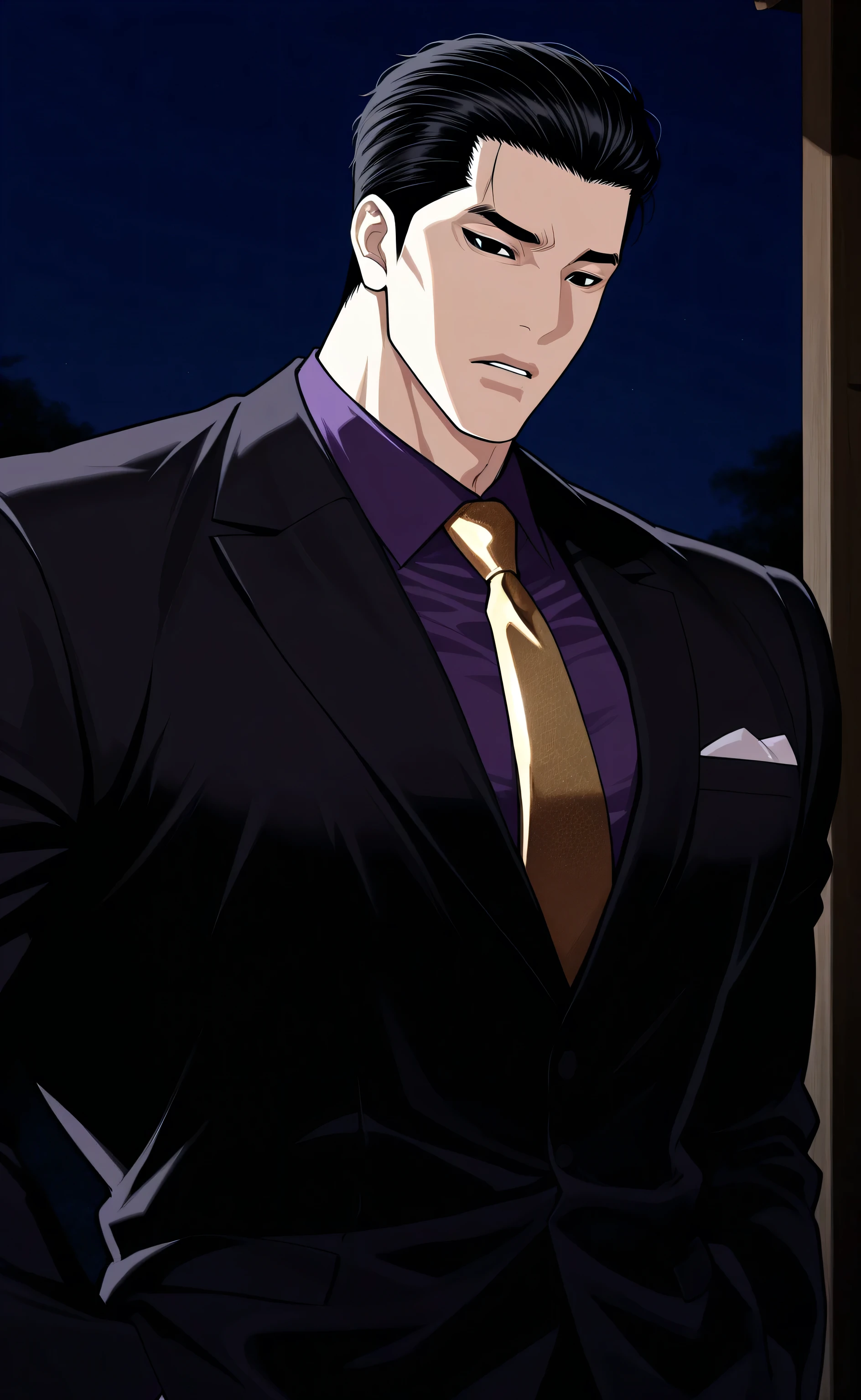 1male, solo, black hair, short hair, slicked back hair, black eyes, grim, black suit, purple shirts, gold necktie, big muscle, korea-shrine, night, male focus, Lookism