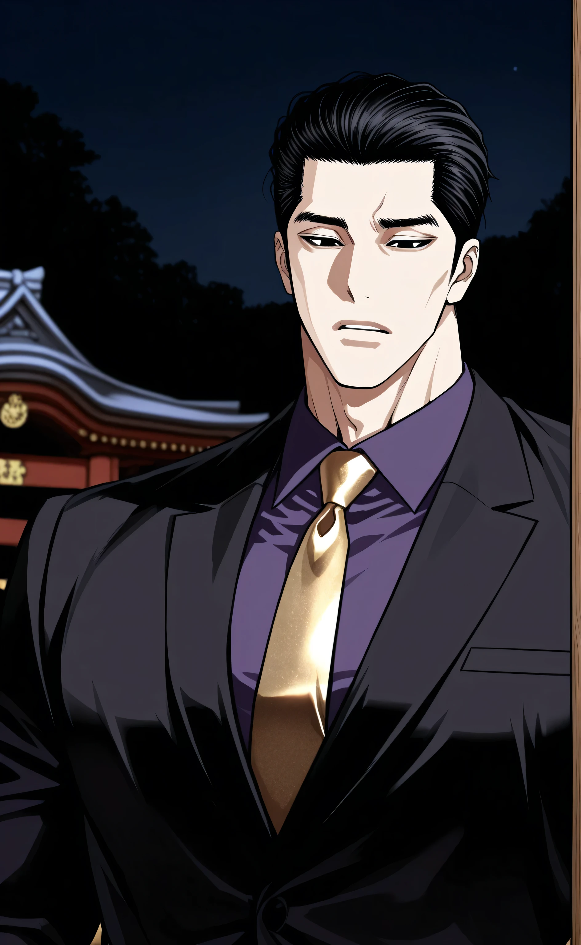 1male, solo, black hair, short hair, slicked back hair, black eyes, grim, black suit, purple shirts, gold necktie, big muscle, korea-shrine, night, male focus, Lookism