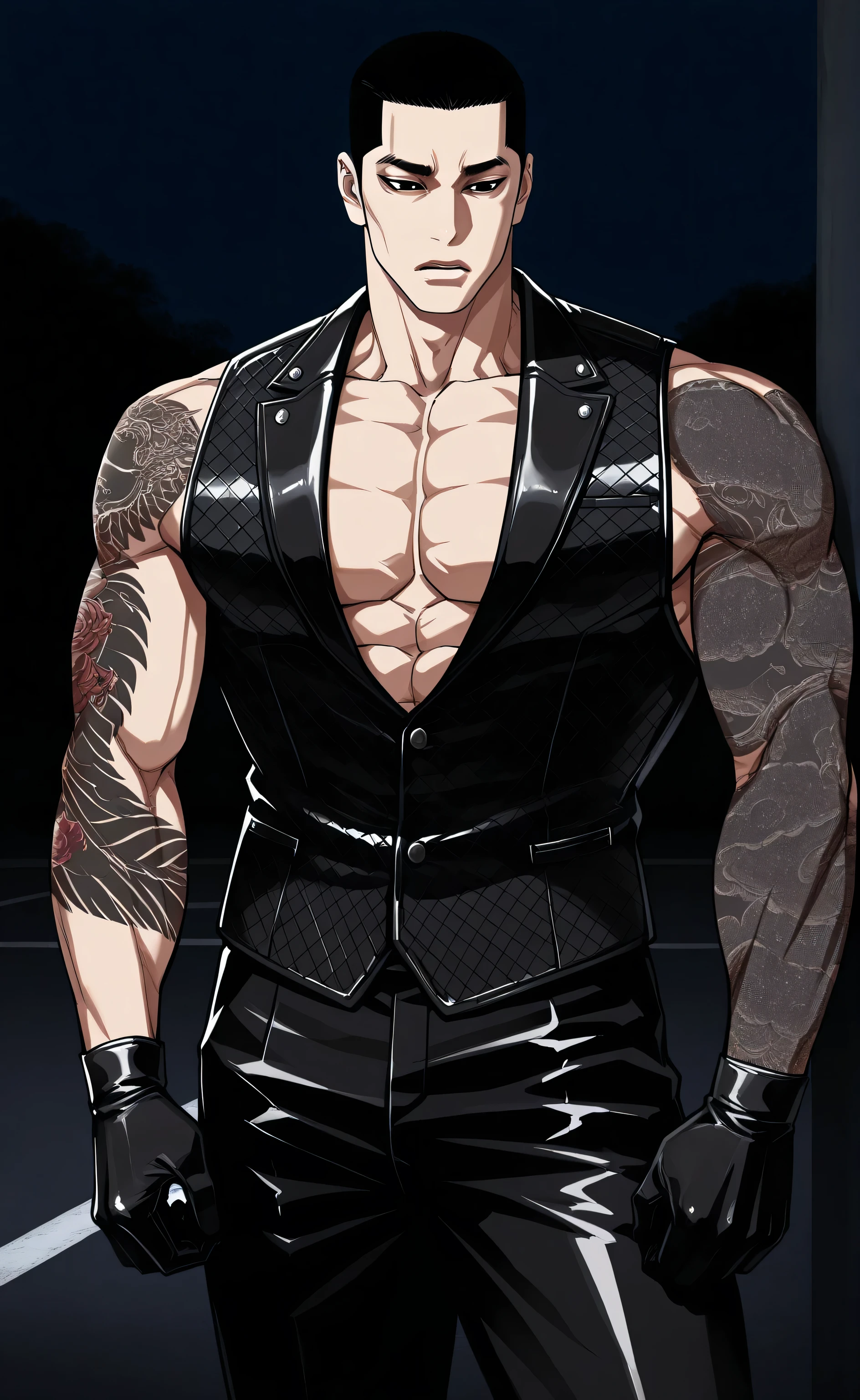 1male, solo, black hair, short hair, buzz-cut hair, black eyes, grim, leather vest, shirtless, black pants, black glove, big muscle, 2arm Yakuza Tattoo, parking, night, male focus, Lookism