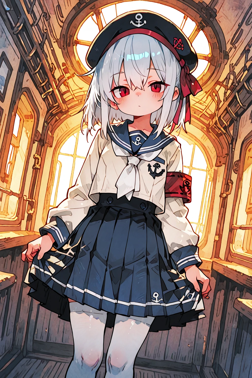 ((highest quality))、((８K))、((High resolution))、((masterpiece、Super detailed))、一人little girl、（height 140ｃｍlittle girl）、((Looking at the camera from the front))、((photo from the knees up))、((standing))、beautiful and delicate blue eyes、beautiful smooth silver hair、Fluffy short hair、gentle and adorable big eyes、smile、((Perfect and beautiful fingertips))、 wearing a light blue sailor suit、flat chest、(white stockings)