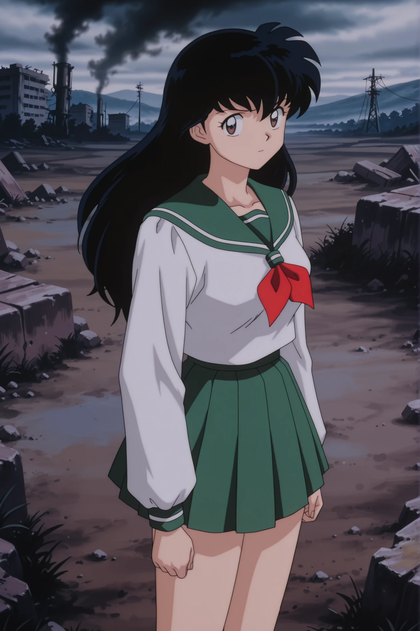 masterpiece,best quality,amazing quality, higurashikagome, masterpiece, best quality, amazing quality,, kagome higurashi, long hair, black hair, retro artstyle, brown eyes, anime screencap, skirt, shirt, long sleeves, school uniform, white shirt, pleated skirt, serafuku, , , green skirt, ,, wasteland, barren, dry, post apocalyptic, desolate, , , cute 🥰, looking at viewer, solo,, cowboy shot, solo , green panyhose , full thighs with green panyhose, standing twords viewer