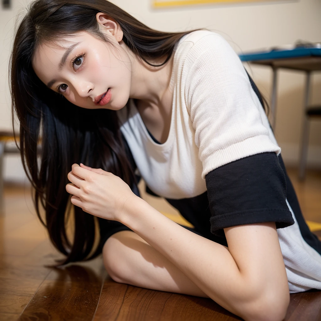 Perfect Japanese Girl, 23 years old, huge breats, spreading legs, long black hair, cute face, library setting