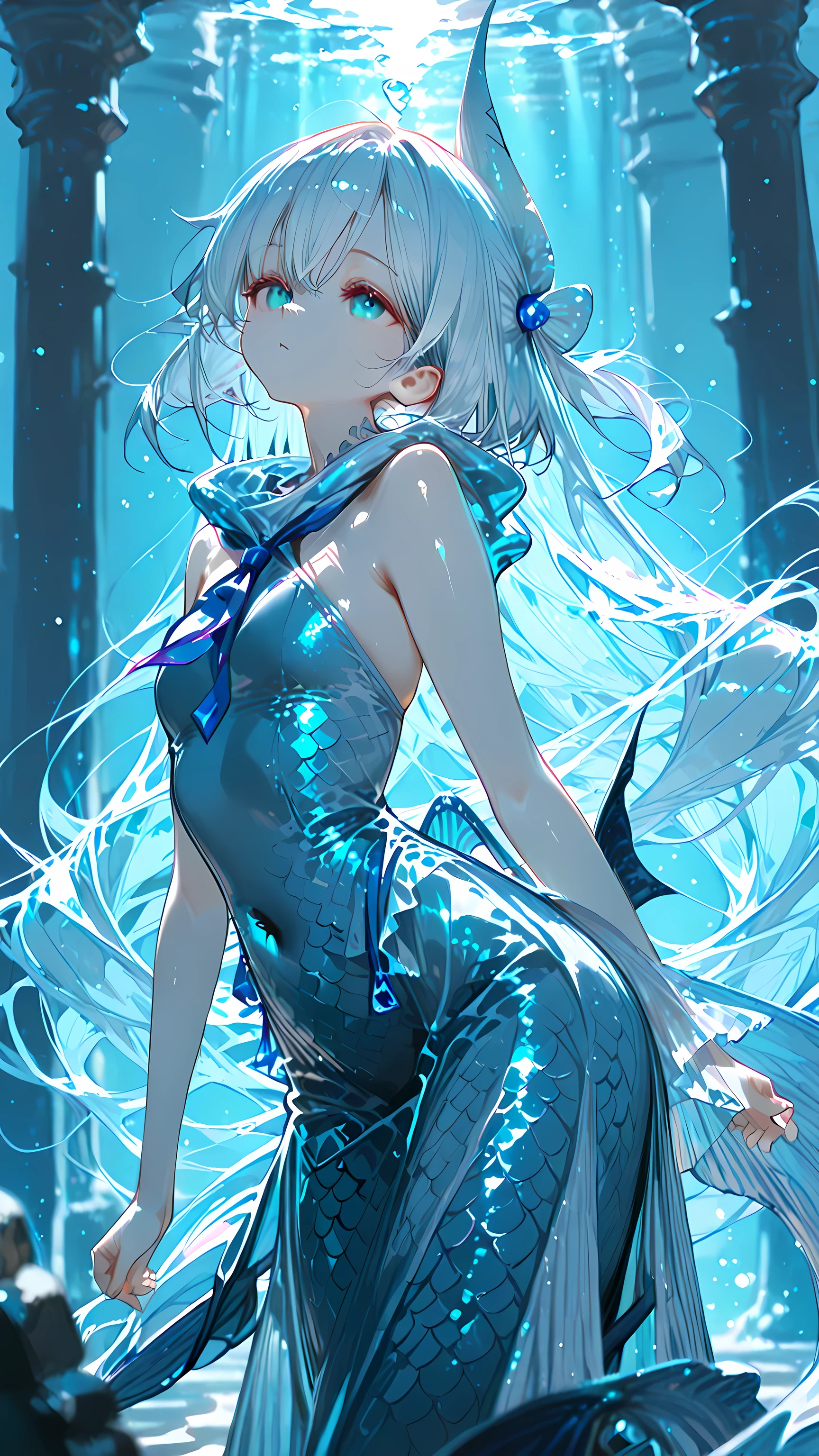 Shiny skin,
(masterpiece, best quality, ultra-detailed, 8k),
1girl, mermaid, mid-shot to waist-up with fin visible, elegant still pose, long luminous ribbon-like light trails around torso and fin,
(cold blue bioluminescent glow), (single fin:1.8), (monofin:1.3), (fin curl:1.2),
soft volumetric underwater light shafts, subtle particles, calm flowing hair, cool palette, delicate scale detail, graphic fin pattern, moderate depth of field, painterly finish