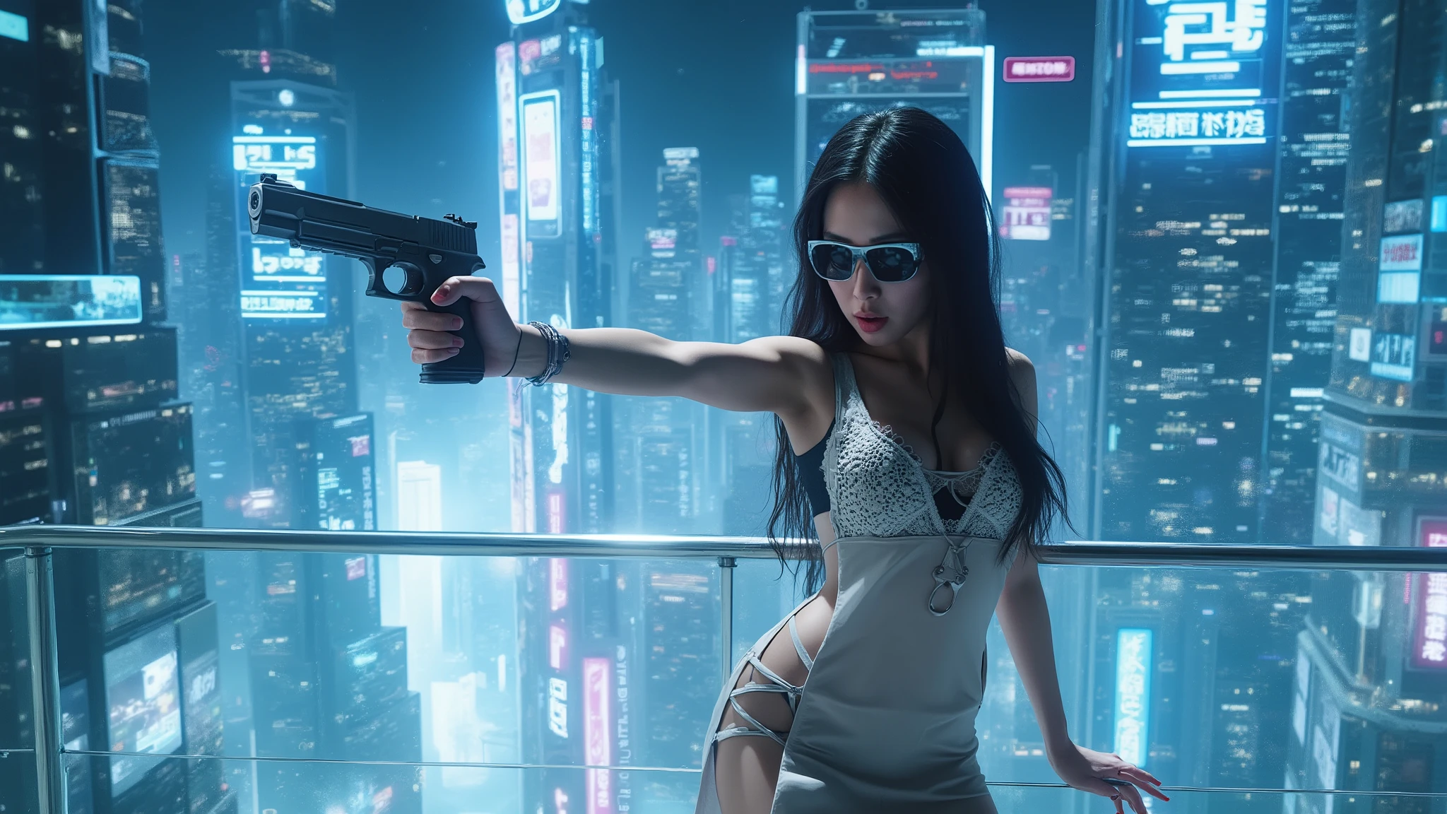 ((blueprint style transparent:0.1 glass buildings)). (((aerial view, overhead shot, auto-flash))). Matrix style, Ryoji Ikeda Style, Translucent Chinese girl in mid-ground, ((half-body thigh level medium:1.6 shot)), long hair, (((transparent:0.1 sexy short:0.1 slit dress))), cleavage, large-breast:1.1, (aiming ((short:0.1 pistol)) at viewer), Matrix style micro sunglasses, ((Three-quarter view style, she appears at the right half of the frame, positioned in the middle-right, cinematic shot, rule of thirds composition)), slim:0.4 body, ((serious look)), slim:0.9 face, lace tiny bra and (((((lace G-string micro panty))))), (realistic, photorealistic, photo-realistic:1.37), digital art, sci-fi concept art, (((1drone))), an all-glass balcony, neon lit cyberpunk city, (dramatic lighting, dynamic neon lights bursting outward, cyberpunk aesthetic, futuristic), blue and purple color tones, cinematic composition.