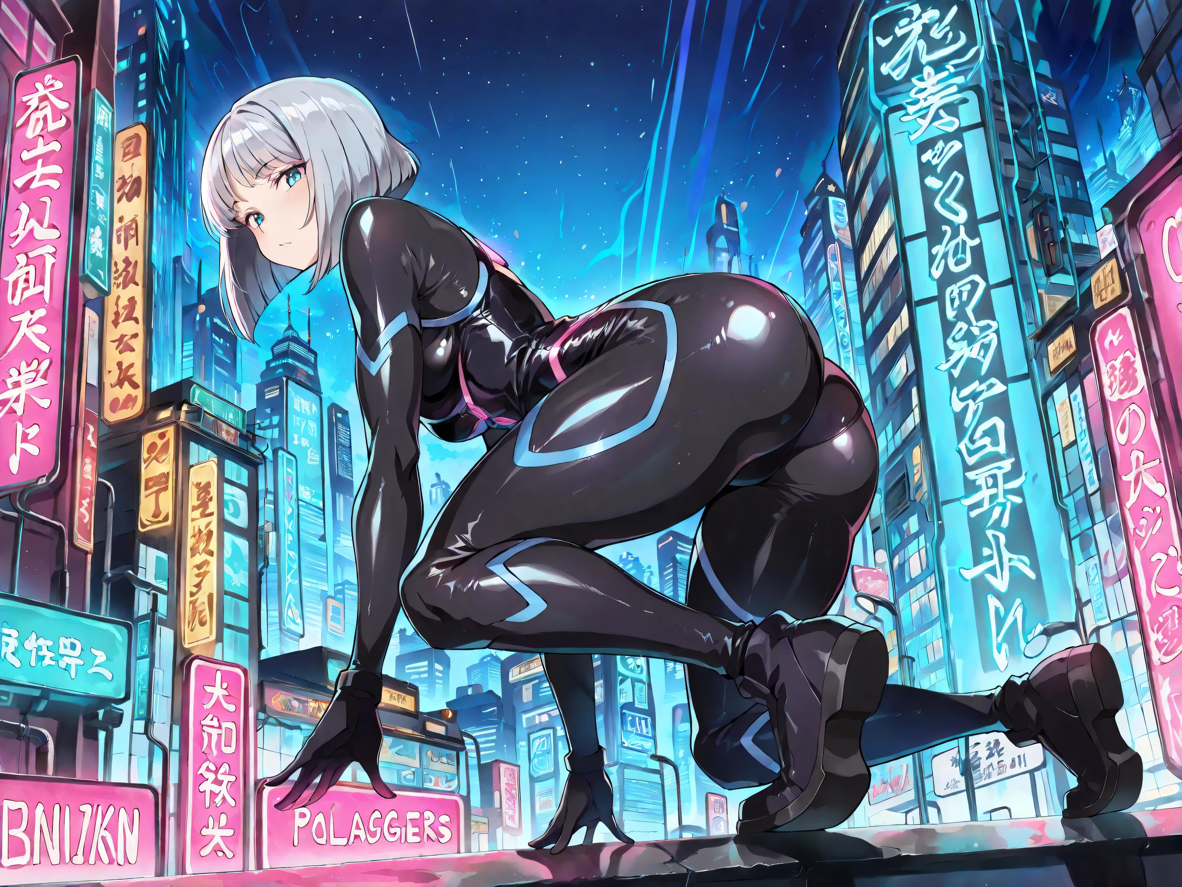 (masterpiece, best quality, absurdres:1.2), 1girl, solo, A teenage anime ninja girl leaps forward with twin daggers, her short silver bob reflecting neon lights. She wears a tight black bodysuit with glowing blue seams. Behind her, a retrofuturistic skyline of holographic billboards glows in magenta and cyan against the night.