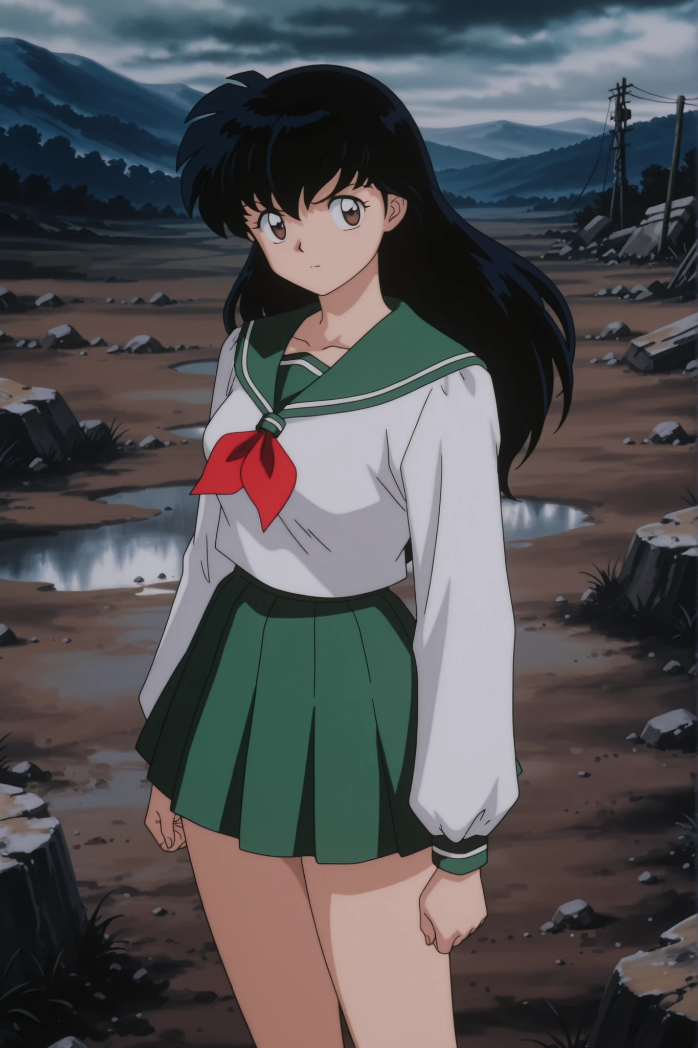 masterpiece,best quality,amazing quality, higurashikagome, masterpiece, best quality, amazing quality,, kagome higurashi, long hair, black hair, retro artstyle, brown eyes, anime screencap, skirt, shirt, long sleeves, school uniform, white shirt, pleated skirt, serafuku, , , green skirt, ,, wasteland, barren, dry, post apocalyptic, desolate, , , cute 🥰, looking at viewer, solo,, cowboy shot, solo , green panyhose , full thighs with green panyhose, standing twords viewer