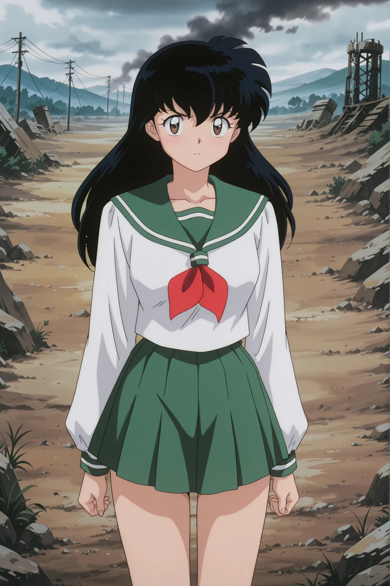 masterpiece,best quality,amazing quality, higurashikagome, masterpiece, best quality, amazing quality,, kagome higurashi, long hair, black hair, retro artstyle, brown eyes, anime screencap, skirt, shirt, long sleeves, school uniform, white shirt, pleated skirt, serafuku, , , green skirt, ,, wasteland, barren, dry, post apocalyptic, desolate, , , cute 🥰, looking at viewer, solo,, cowboy shot, solo , green panyhose , full thighs with green panyhose, standing twords viewer