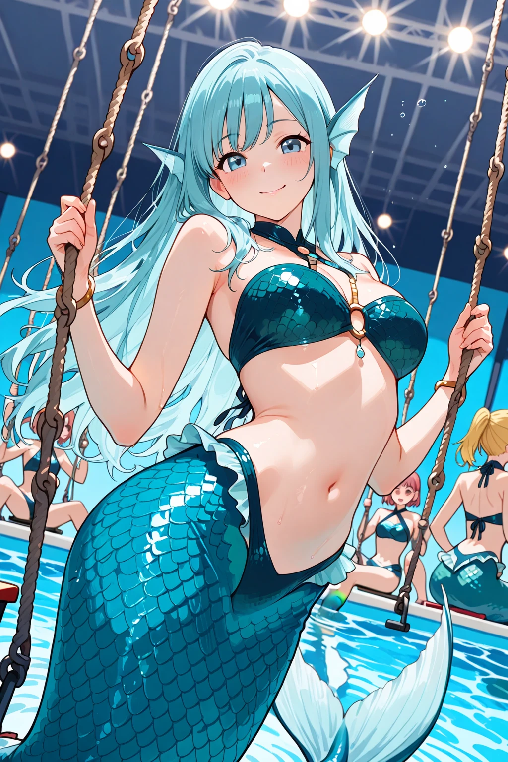 mobius (daughter of corals) (honkai impact), mobius (honkai impact), honkai (series), honkai impact 3rd, yelan xing xuan, 1girl, bangs, ???? shoulders, barefoot, ??????, ???????, cleavage, coral reef, fish, full body, beautiful, HD,. extremely detailed,  green hair, jellyfish, long hair, navel, seductive smile, solo, swimsuit, toes, twintails, underwater, water