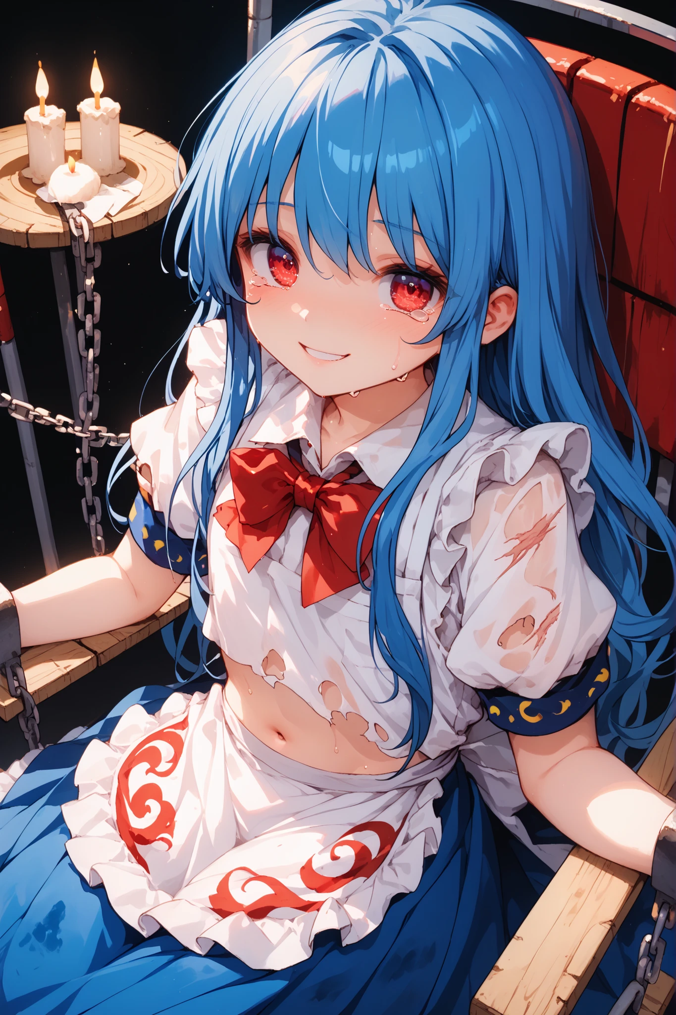 {{{hinanawi tenshi (touhou)}}}, flat chest,red eyes, blue hair,long hair, apron,red bowtie, white shirt,short sleeves, blue long skirt, rainbow gradient,(sexy and cute style:1.5),bare navel,Japanese torture chamber,Chain restraints,be flogged,tear-stained face,smile,sweat,(torn clothes:0.7),(see-through:0.5),(be tortured:0.7),candle,shining eyes,(Scars all over:1.0),(close up:1.3),Chained at the extremities,Torture chairs,restraints,sit on a chair,bind both hands,
