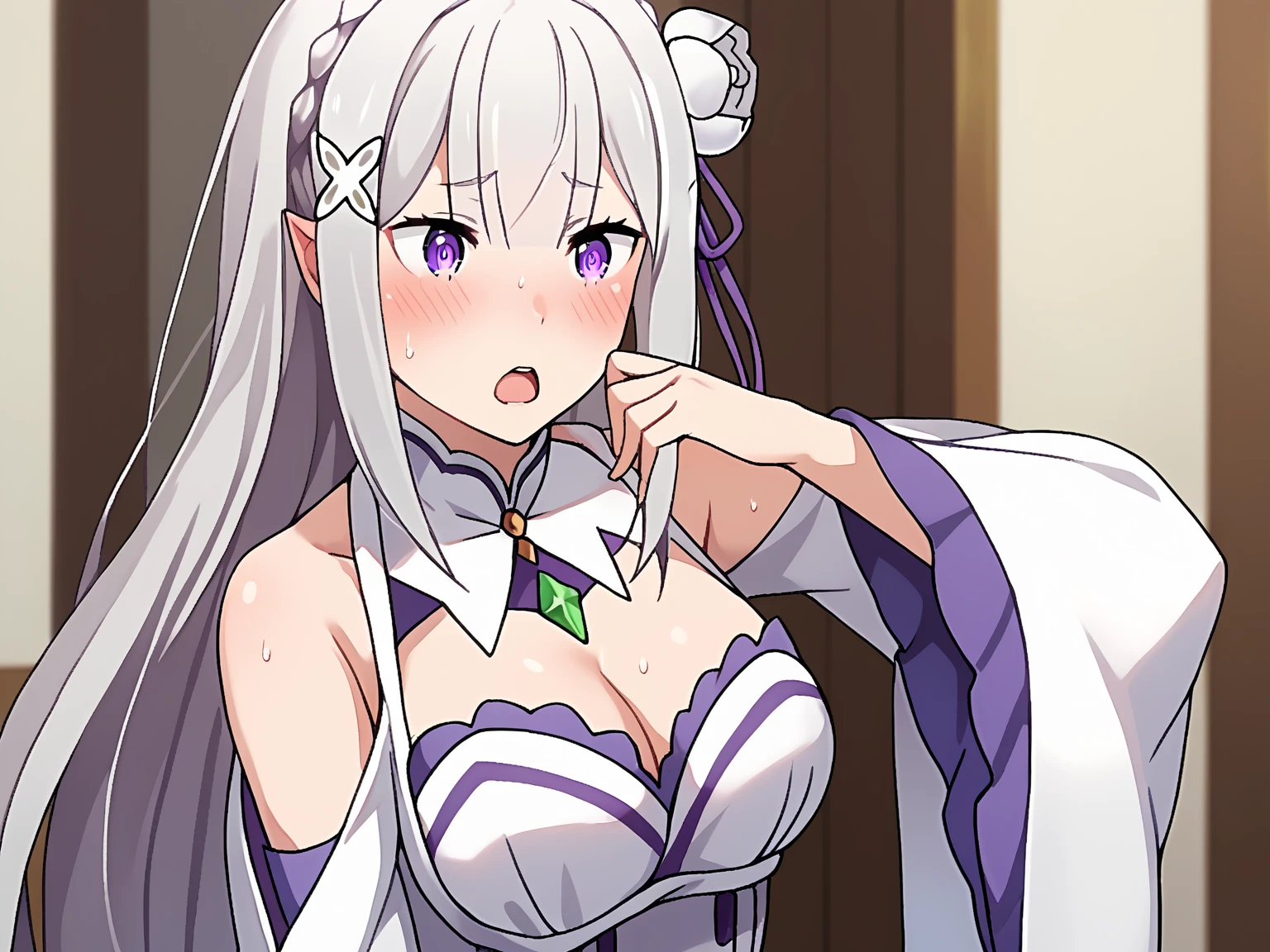 score_9, score_8_up, score_7_up, source_anime, rating_explicit,
BREAK
1girl, solo, 
<lora:shiEmiliaV2:1> shimilia, long hair, grey hair, purple eyes, pointy ears, crown braid, hair flower, hair ribbon, purple ribbon, x hair ornament, white dress, cleavage,  shoulders, white thighhighs, 
<lora:shiBreastSqueezeV1:1>,shibreastsqueeze, , 
blush, looking at viewer, leaning forward, smug,  smile,