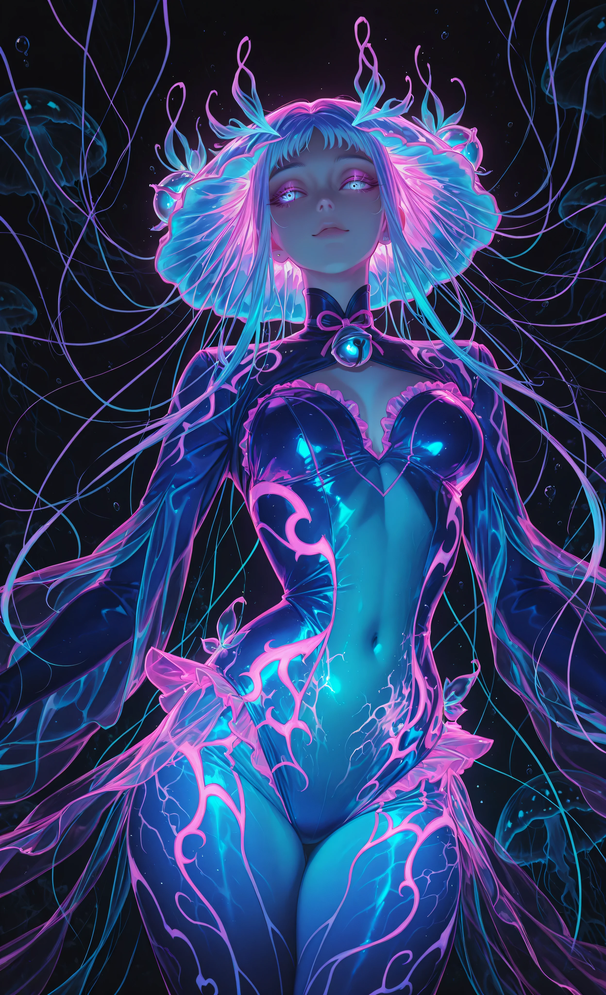 (neon aesthetic, neon colors, glowing, glow effect, vibrant colors, high contrast, fluorescent, luminescence, light effects, chromatic lighting, colorful lighting, bright outlines, neon lineart, dark background, digital art, dramatic shadows, bloom lighting, colored shadows,masterpiece:1.3, 8k:1.3, Highest quality:1.3, detail:1.3, high resolution:1.3, digital painting, super detail, 1male, A manly face, rough facial features, hip-high frame) **FULLY SUBMERGED UNDERWATER SCENE: FEMALE jellyfish-mer hybrid (1female)**, beautiful feminine face with delicate features, graceful neck, slender physique. Her entire body glows with bioluminescent patterns in deep blues, vibrant violets, and luminous teals. **LARGE JELLYFISH BELL with NUMEROUS LONG TENTACLES: head crowned with translucent jellyfish bell emitting light, multiple flowing tentacles extending down her back and sides.** Her lower body transforms into **MULTIPLE ELEGANT TAIL-TENTACLES composed of translucent fins and tendrils**, creating a majestic jellyfish train. **COMPLETELY SUBMERGED: character fully underwater, no water surface visible, deep ocean depth.** Visible light rays from above, dense air bubbles, floating particles. Her torso has feminine curves with glowing veins. Almond-shaped eyes emit intense violet light. Graceful feminine dance pose. Schools of fish. Style of Ghibli underwater scenes, **female character, ethereal beauty**.