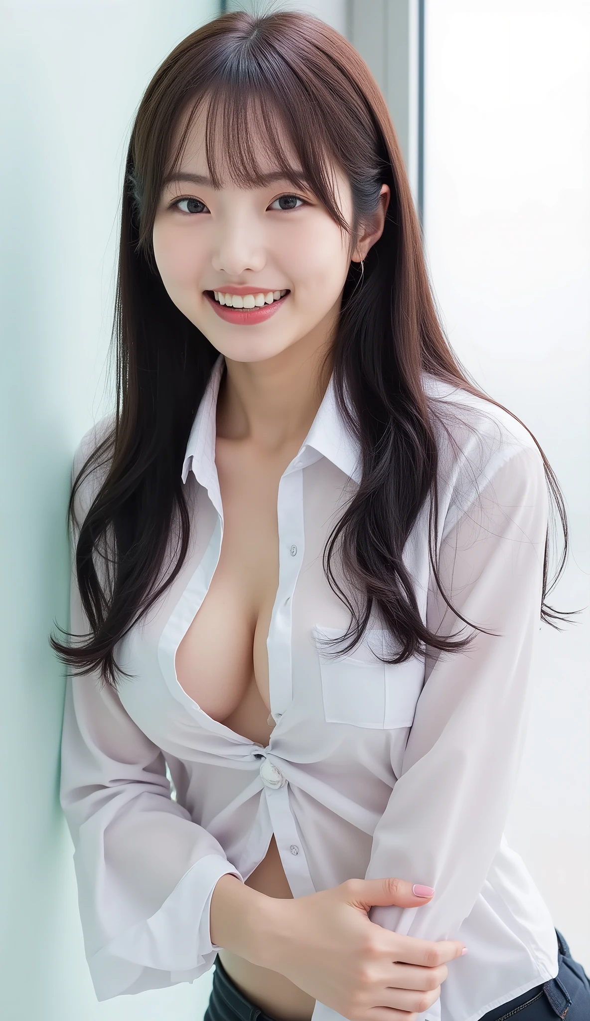 実写、shot with a Canon EOS R5, 50mm lens, f/2.8 apertur、(masterpiece,best quality:1.4)、detailed breast、Japanese idol、最高品質、超高解像度、8K、Full Body Shot、明るい部屋、床に座る、Emphasize the cleavage、濃い茶髪、セミロングヘア、さらさらの髪質、medium-sized breasts、white skin, sweat, smile, head tilt,
white shirt, shorts, w arms,
indoors, bathroom, frosted glass, steam,
backlighting,
against glass, hands press, breasts pressed against glass, compressed breasts、Basic bra、Seductively Posing