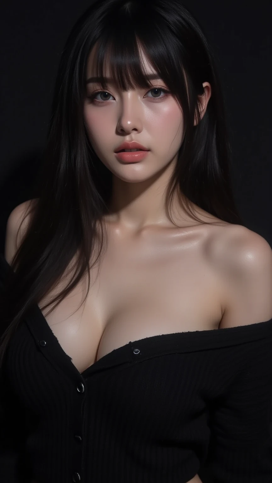 (Best Quality,4K,hight resolution,masutepiece:1.2),Ultra-detailed,Realistic:1.37,3D Rendering,(Beautiful detailed eyes),(Beautiful detailed lips),Long Black Hair,(slender,Toned body),(Seductive yet sophisticated style),Red Eyes,(Sexy Outfit),(Portrait),(Vivid colors),(Studio Lighting),huge tit