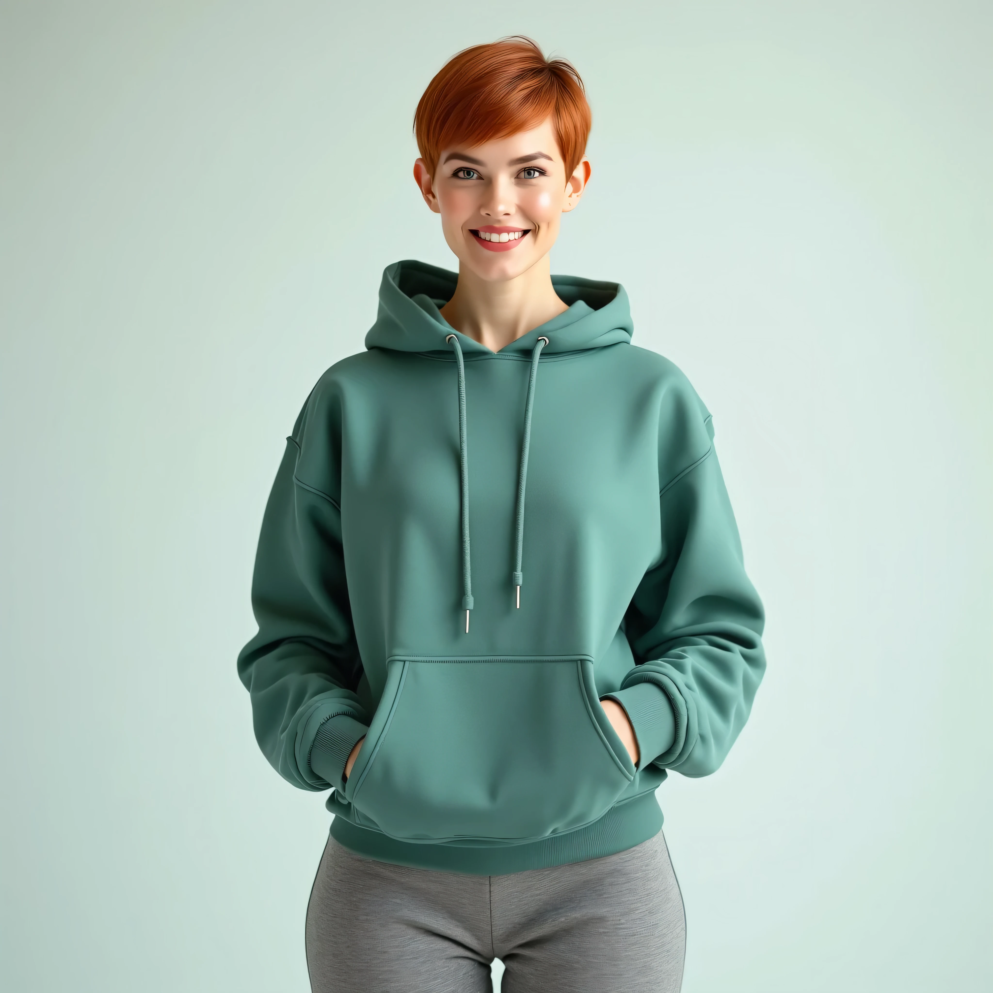 A realistic, high resolution photograph of a tall, beautiful university female in her 20's; full body frontal view facing the camera with her arms at her sides looking at the camera. There is extra space in the photo above her head. She has a tall, lithe, fashion model figure with medium rounded, uplifted breasts, large hips, and a slim waist. She has short straight ginger red hair in a straight pixie with a side swept part. She has a perfect, beautiful face, a small nose, and a short, thick neck. She has blue eyes and an ivory complexion. Her lips are slightly open and she has a mischievous smirk. She is wearing a sea green pullover hoodie and grey jogging pants. The rounds of her breasts are well defined beneath her clothing. There is no one else in the photo. There is extra space above the subject’s head and centered composition — suitable for magazine-style layout or cinematic framing.