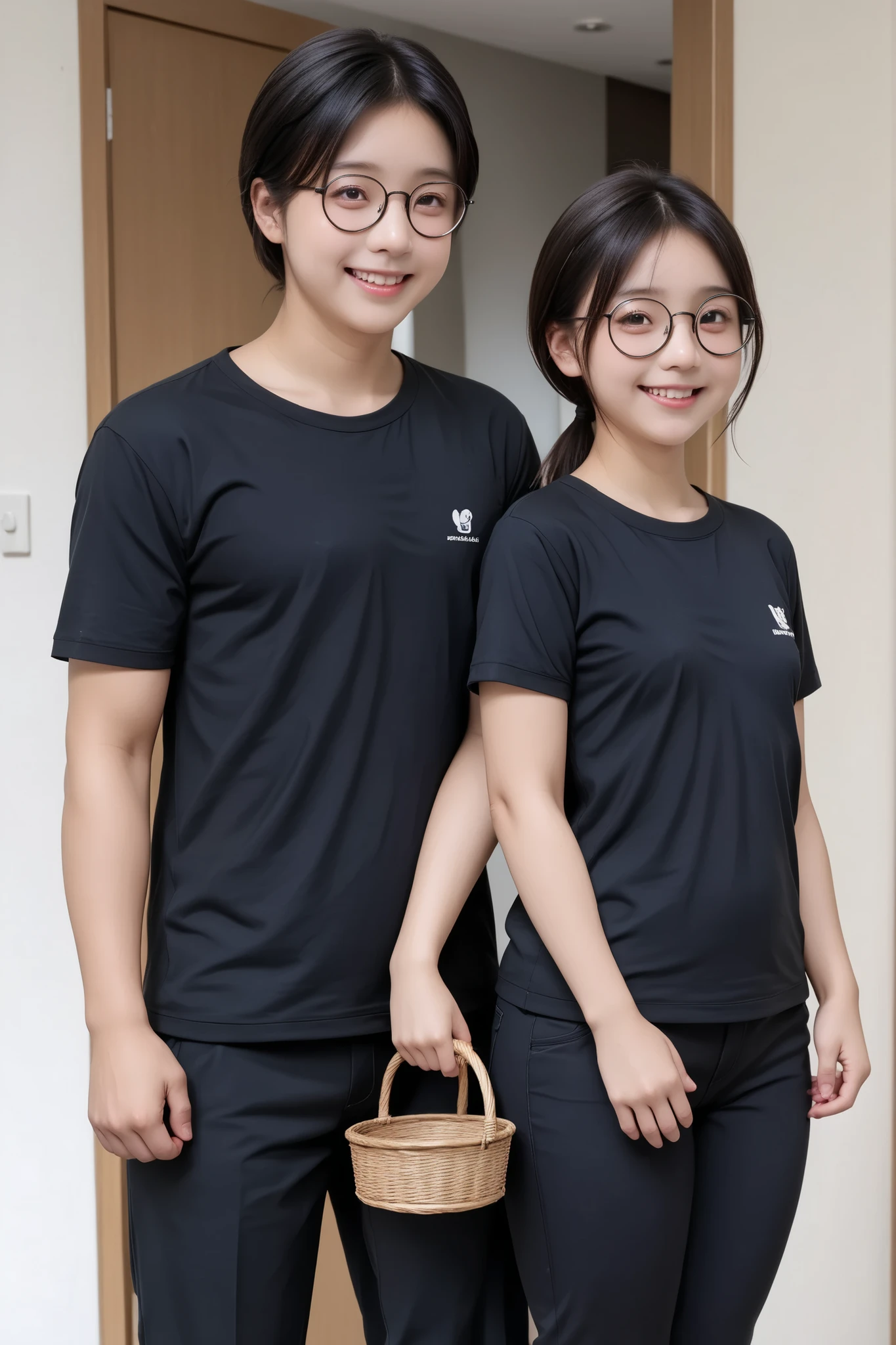 Smiling young Japanese,She is young々like,
no makeup,(Height: 145 cm:1.3),(small eyes:1.1),tareme,(small nose:1.3),short hair in a hand basket,low ponytail,Dark brown hair,( Curvy:1.2)、small breasts,(thick  thighs:1.1),Big Hips,mate with thick legged,black loose polo shirt,black skinny pants,round glasses、My boyfriend has short black hair,is 180 cm tall,muscular male、dark room、full body、My girlfriend and boyfriend are facing each other