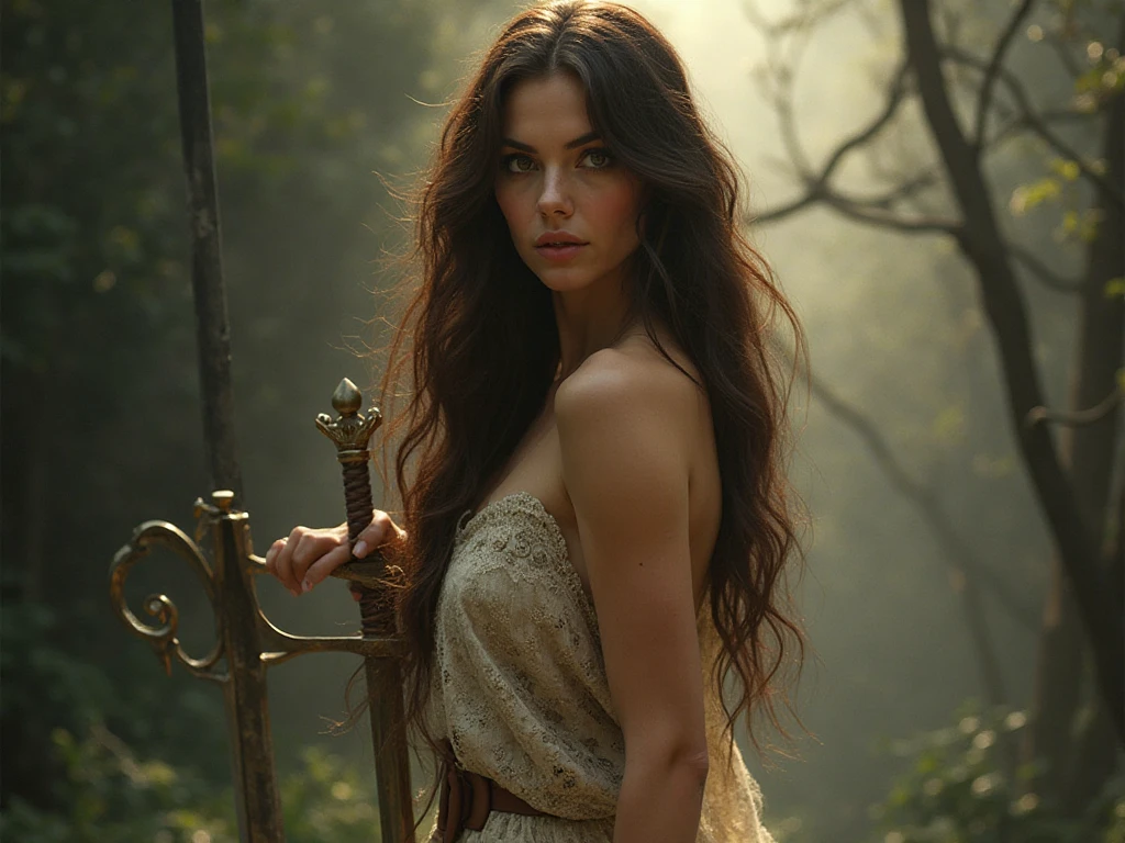 a beautiful  woman with long hair holding a sword, mysterious dark forest background, highly detailed face and body, dramatic lighting, cinematic composition, rich color palette, smooth shading, photorealistic, fantasy art style