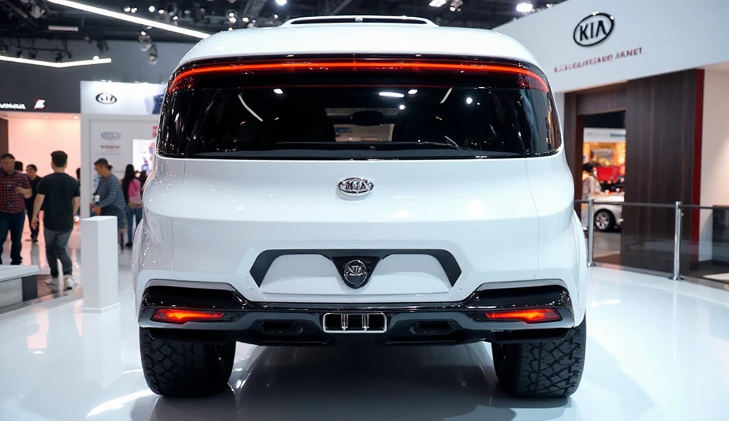 Kia Rectangle Back view of the shiny white 2026 Kia Camper Van 6×6, sleek large body ...