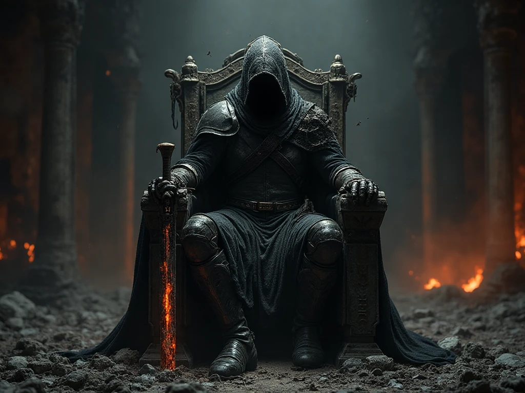 Dark fantasy warrior, the Ashen One from Dark Souls 3, a lone undead knight known as "the Unkindled", sitting on a ruined throne made of stone and ashes, wearing tattered armor, broken cape hanging down, sword resting on the ground glowing faintly with embers, face hidden in shadow, background of a ruined castle hall with fire and ashes floating in the air, epic and melancholic atmosphere, cinematic lighting, highly detailed, realistic dark fantasy art