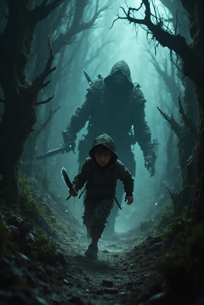 A man with a Beagle on a leash crossing a forest haunted by skulls and spirits. Horror art, surrealism , hyperdetailed, color drawing, illustration by Dan Seagrave.