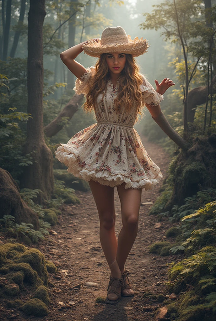 Eerie Fairytale Forest: Subject: A blonde 36dd bra woman (22) with messy hair, cosplaying a mini dress pink Little Red Riding Hood with a determined look, walks through a misty forest at dusk, holding a basket filled with glowing pink flowers. Strange creatures in pink costumes peek  trees. Technical: High-resolution camera (e.g., Hasselblad H6D-100c), wide-angle lens (e.g., 50mm), focus on the woman and the basket, soft, diffused twilight light with mist emphasizing the mysterious atmosphere, hint of an ominous creature in the background.