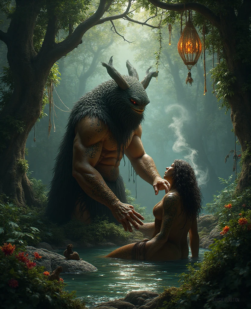 score_9, score_8_up, score_7_up, draenei, skimpy, chubby, fat, ,  , man with beard, glowing eyes, flower ornaments, druid, abandoned cabin, woods, moss, depth of field, highly detailed, high contrast, film grain, Rim Lighting, Rays of Shimmering Light