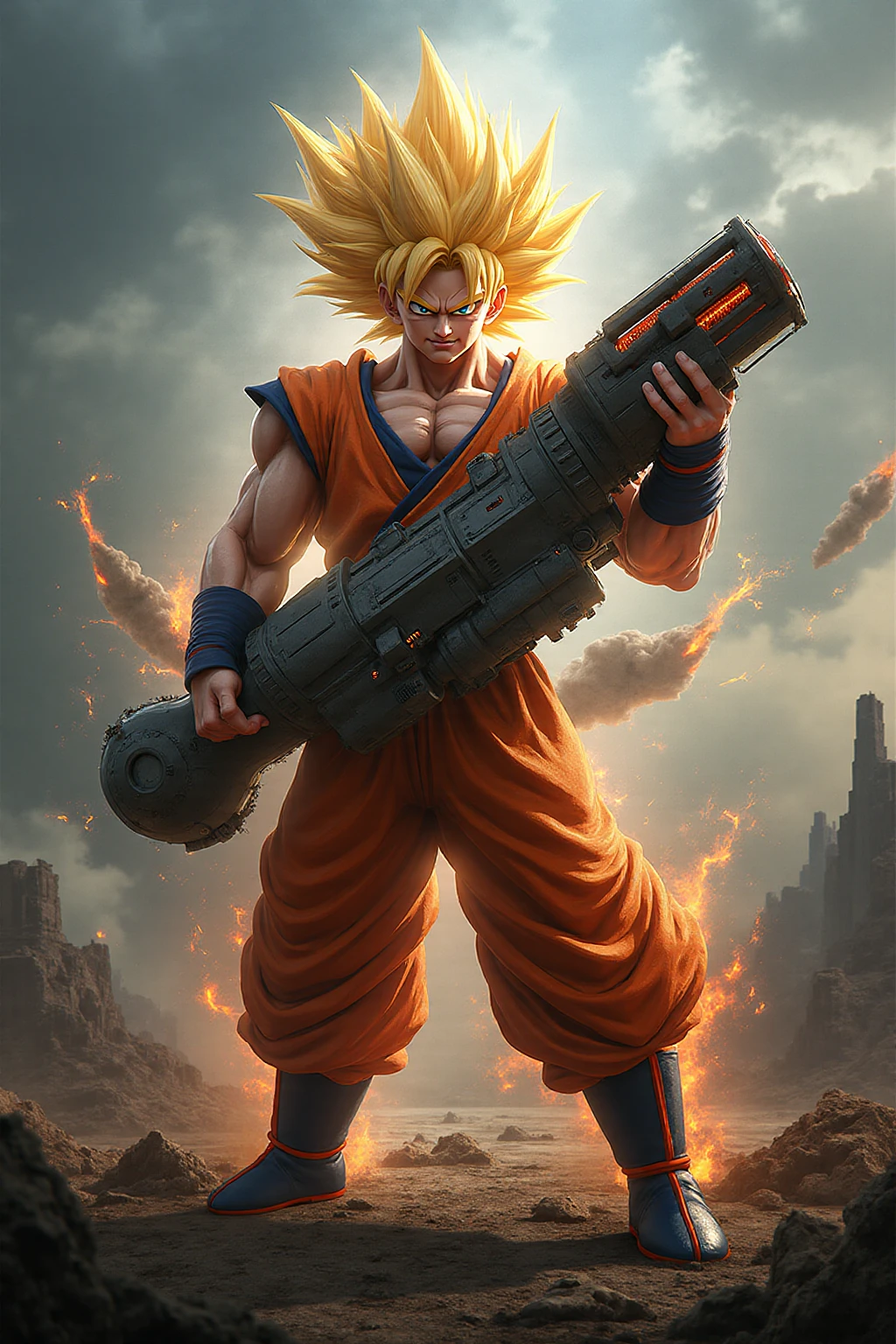 Super Saiyan Broly unleashes a colossal energy wave that shatters the ground and creates a massive shockwave. He stands on a rocky terrain with a stormy sky in the background. The energy wave is a mix of green and blue hues with a swirling pattern. (dark:1.2), (epic:1.3), (chaotic composition:1.2), (metallic:1.1), (gritty texture:1.1), (comic book:1.2), (((3D))), (((realistic))),
