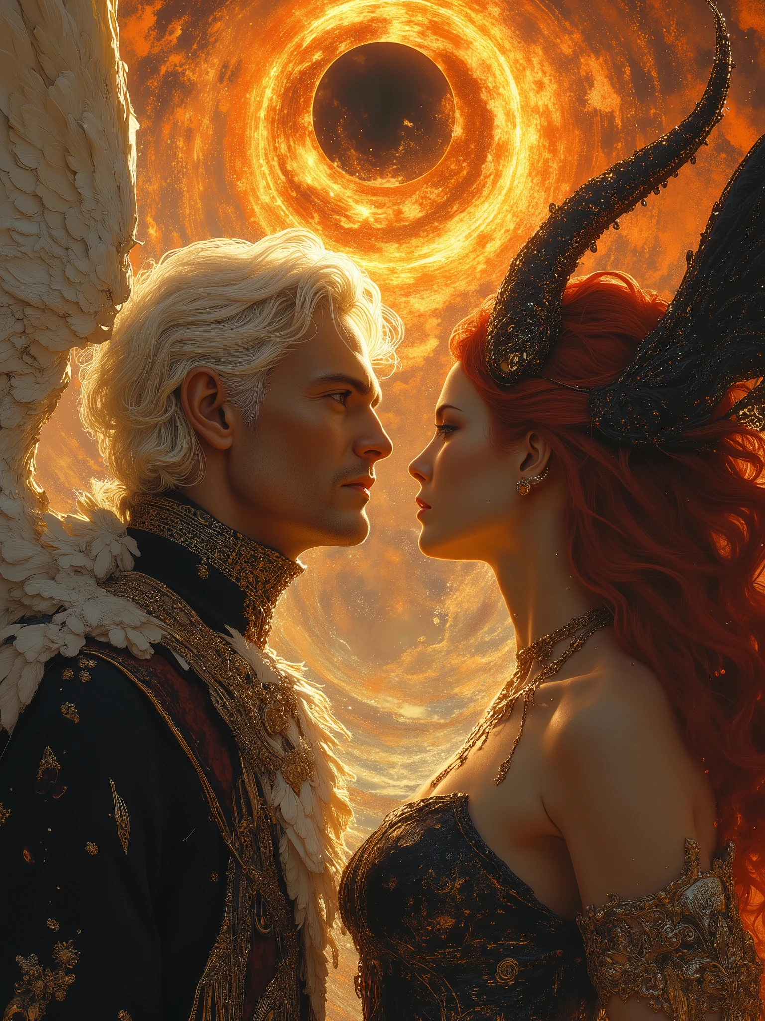 Photorealistic, HDR, ray tracing, studio lighting, super detailed, ultra-high resolution, best illustrations, 32k, an ancient luxurious temple, dynamic lights, shiny, glitter, balanced and vivid impressionist style symbolizing harmony of opposites and spiritual transcendence. A captivating portrait shows an angel and demon staring at each other, enraptured. On the left, a handsome 45-year-old man in his prime with aquiline features, short stylish white hair and a serious but slightly amused expression wears a dark fancy high-collared coat and eclectic tasteful accoutrements from hundreds of years of service to humanity. He has silver and white feathered wings and a faint glowing halo. On the right, a busty pale-skinned 35 year old woman of short stature and incredible beauty, lush expressive features, with long red hair displays a roguish grin, dressed in an eclectic blend of street, grunge, and designer finery highlighting her sensual and infernal nature. She has fiery dark wings with flames rising behind her and is crowned by perfectly shaped and elegant glowing horns. The figures face each other with intense gazes creating a powerful contrast between light and darkness. Their looks are full of love, longing to touch one another. Massive energies whirl around them as a solar eclipse heralds their union with a foreboding air.