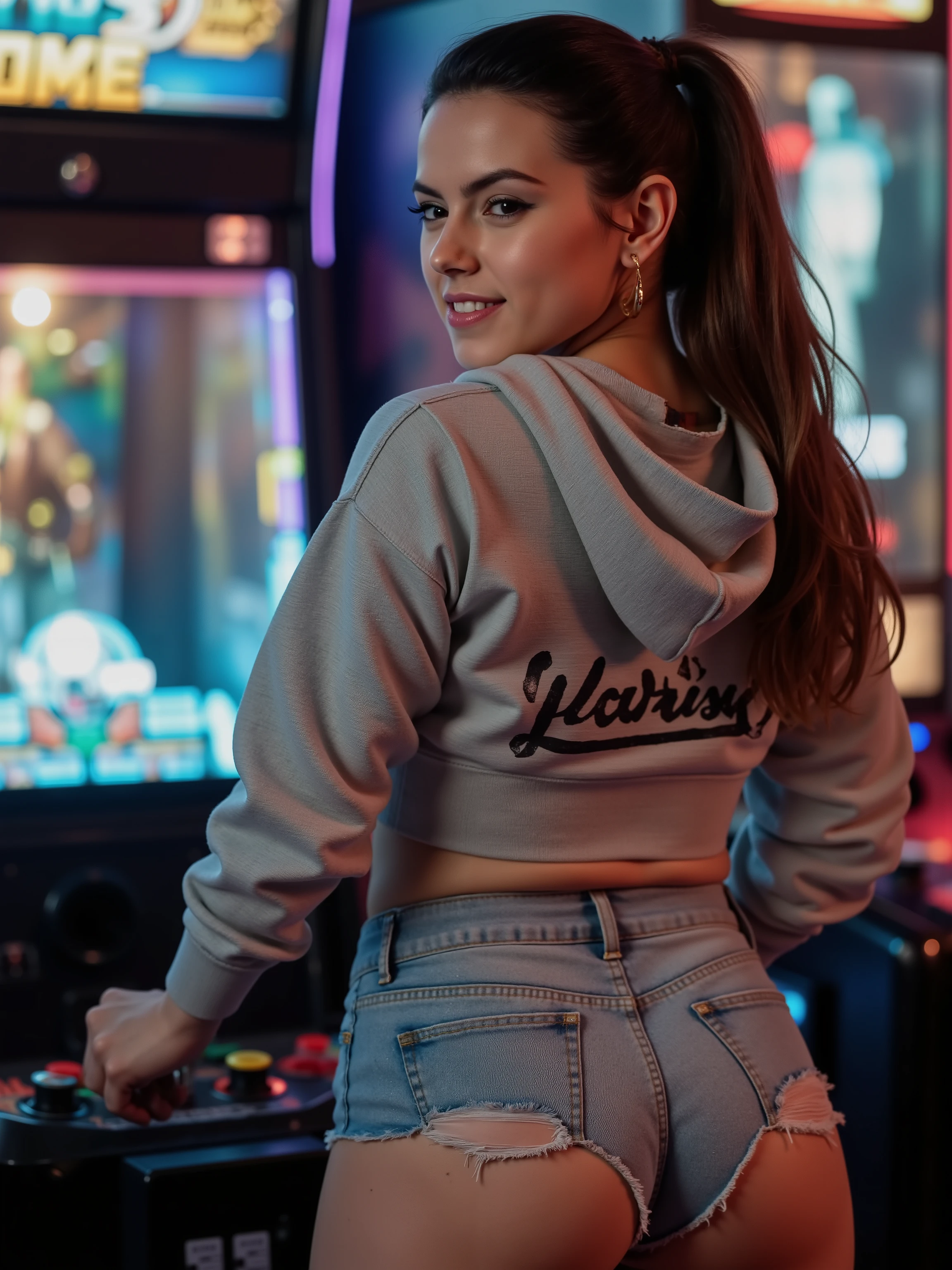 view from behind,sexy pose,slight smile,she is playing a video game,masterpiece, sensual pose, (best quality:1.2), voluminous hair:1,ponytail,brunette woman, top quality editorial photograph, skin texture, skin pores, high quality skin, realistic skin details, professional photography, professional retouching, insane detailing, (ripped Daisy Dukes jean shorts,unzipped gray cropped hoodie with bold text “Daisy”, looking at the camera, sexy pose, dreamy atmosphere, (she is standing in a video game arcade),ambient reflections