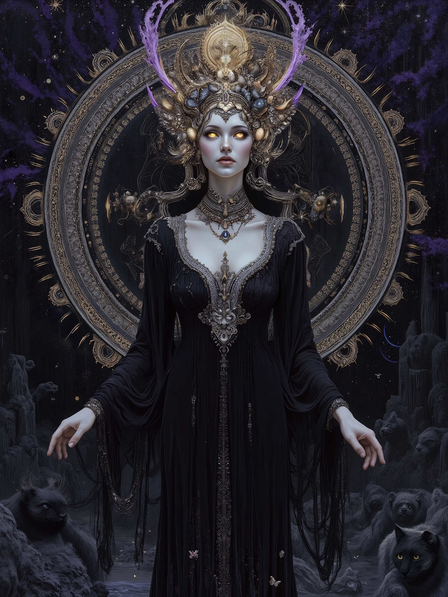 Masterpiece, extremely fluid expressionist style that flows vividly, a reverent surreal hyperreal painting of a stunningly beautiful goddess of elegant darkness and deep shadow, statuesque and sensationally beautiful as only living gods can be, wearing a diadem of crescent moons as a crown, her erotic sexiness cut from living night, a face of loveliness and terror, large amazing breasts, and a body of superlative grace, embodying the seductive dangers of the night, and the predatory grace of cats who stalk nocturnal paths, ethereal pale skin with a luminous glow against pitch-black surroundings, adorned with intricate jewelry made of obsidian and starlight, flowing black diaphanous gown that merges with the shadows around her, surrounded by elements of haunting beauty like dozens of moths, shadow servants with human faces, and swirling tendrils of purple light, her eyes hypnotic and filled with the radiance of ancient wisdom, standing in a glowing silver temple where shadowcats dance at her feet, atmosphere of mystical seduction and power, perfect hands, dramatic chiaroscuro lighting creating stark contrasts, photographed with cinematic depth, 8k detaile